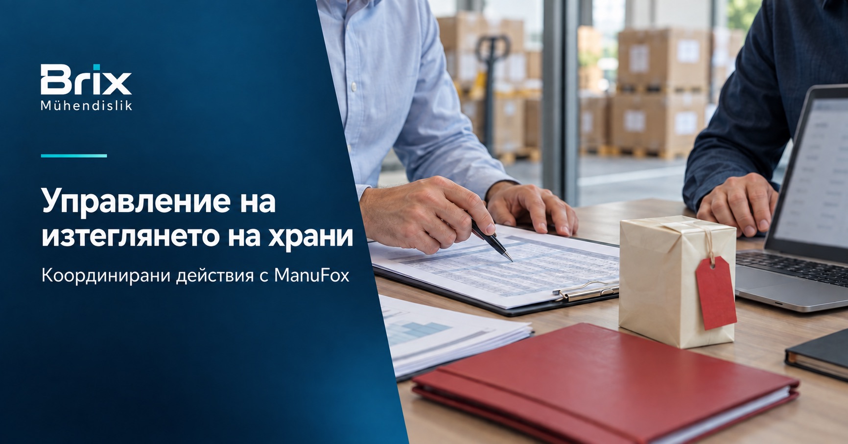 Екип преглежда записи за доставки до опаковка с червен етикет за координиране на изтеглянето на храни