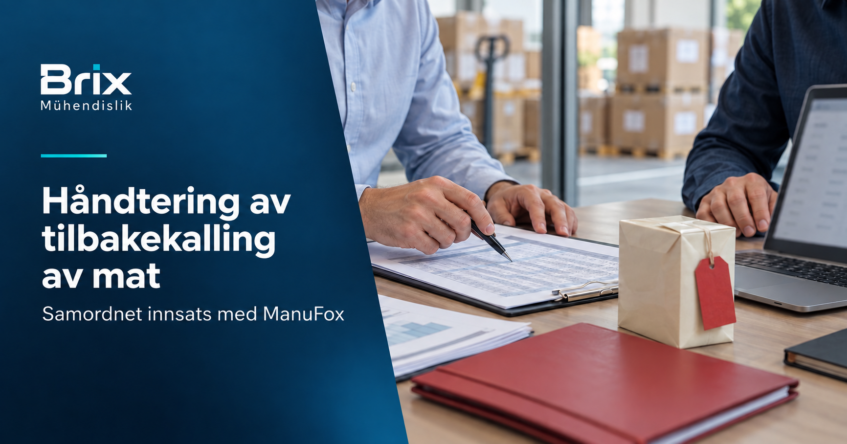 Et team gjennomgår forsendelsesregistre ved siden av en pakke med rød etikett for å håndtere tilbakekalling av mat.