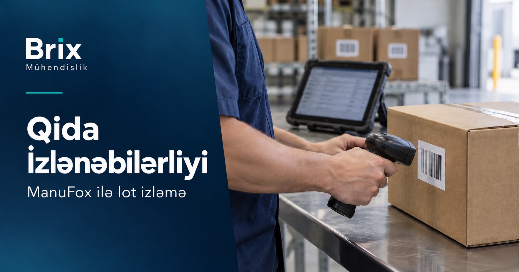 Qida anbarında lot izləmək üçün planşet yanında bağlı qutunun barkodunu oxudan operator