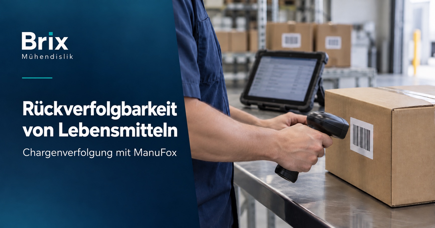 Mitarbeiter scannt neben einem Tablet den Barcode eines geschlossenen Kartons zur Chargenverfolgung im Lebensmittellager