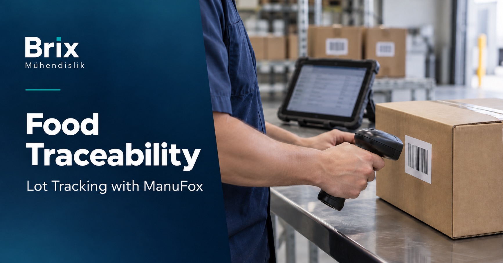 Operator scanning a sealed carton barcode beside a tablet for lot tracking in a food warehouse