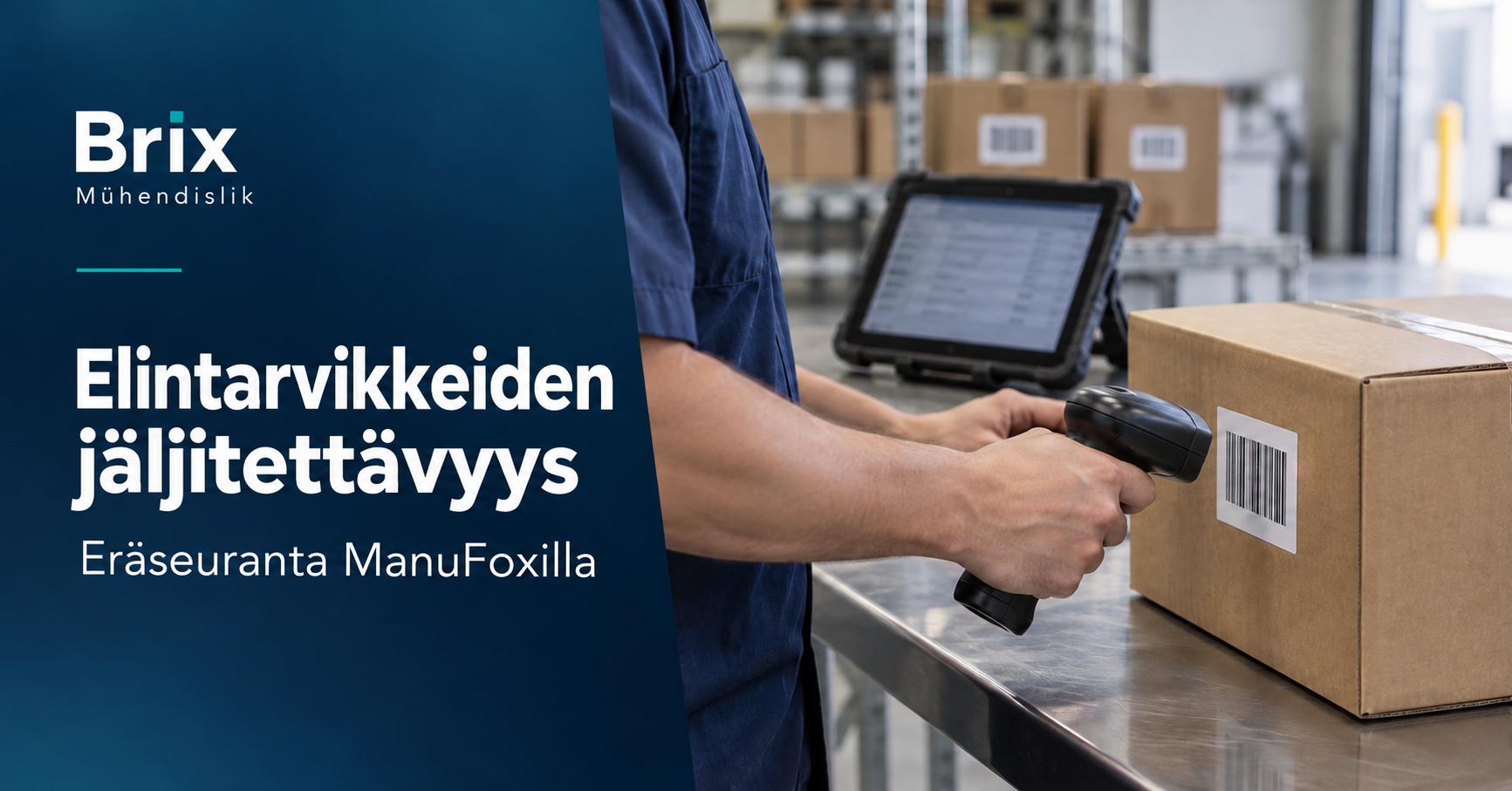 Työntekijä lukee suljetun laatikon viivakoodin tabletin vieressä elintarvikevarastossa erien seuraamista varten.