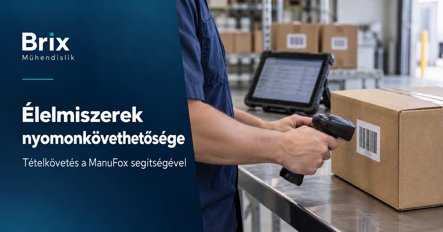 Egy dolgozó élelmiszerraktárban, táblagép mellett egy lezárt doboz vonalkódját olvassa be a tételek követéséhez.