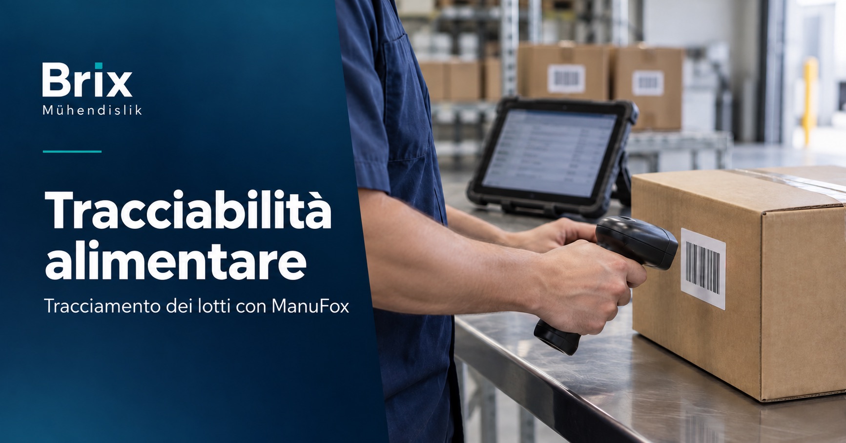 Operatore scansiona il codice a barre di un cartone chiuso accanto a un tablet per tracciare i lotti alimentari