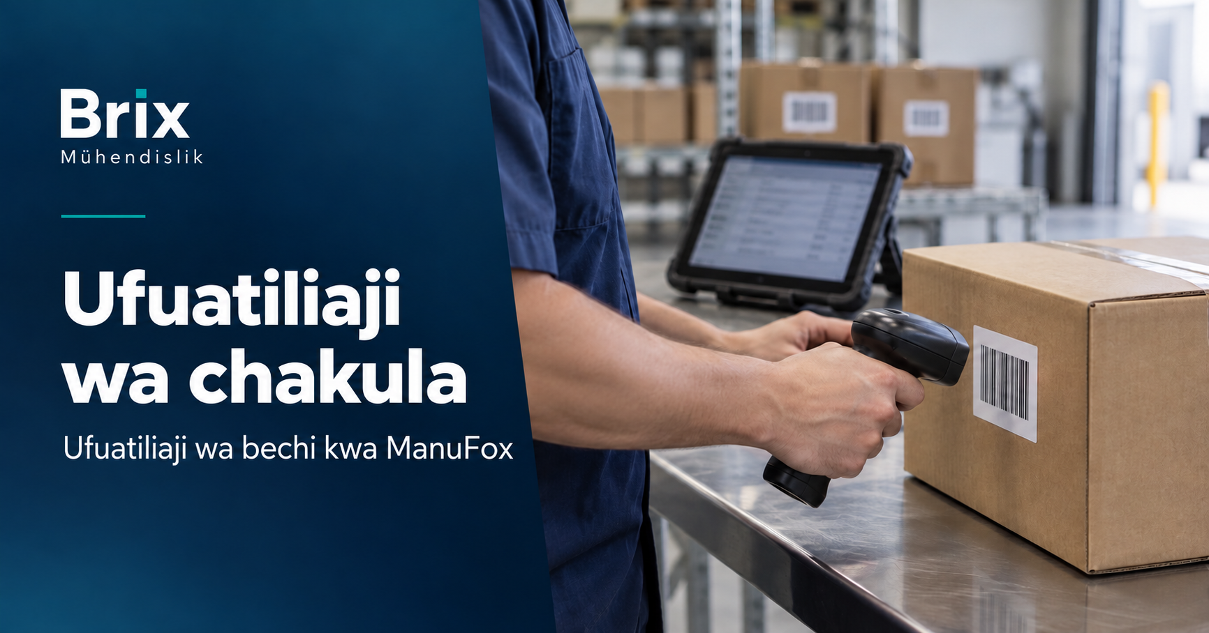 Mhudumu akisoma msimbo pau wa katoni iliyofungwa karibu na kompyuta kibao katika ghala la chakula ili kufuatilia bechi.