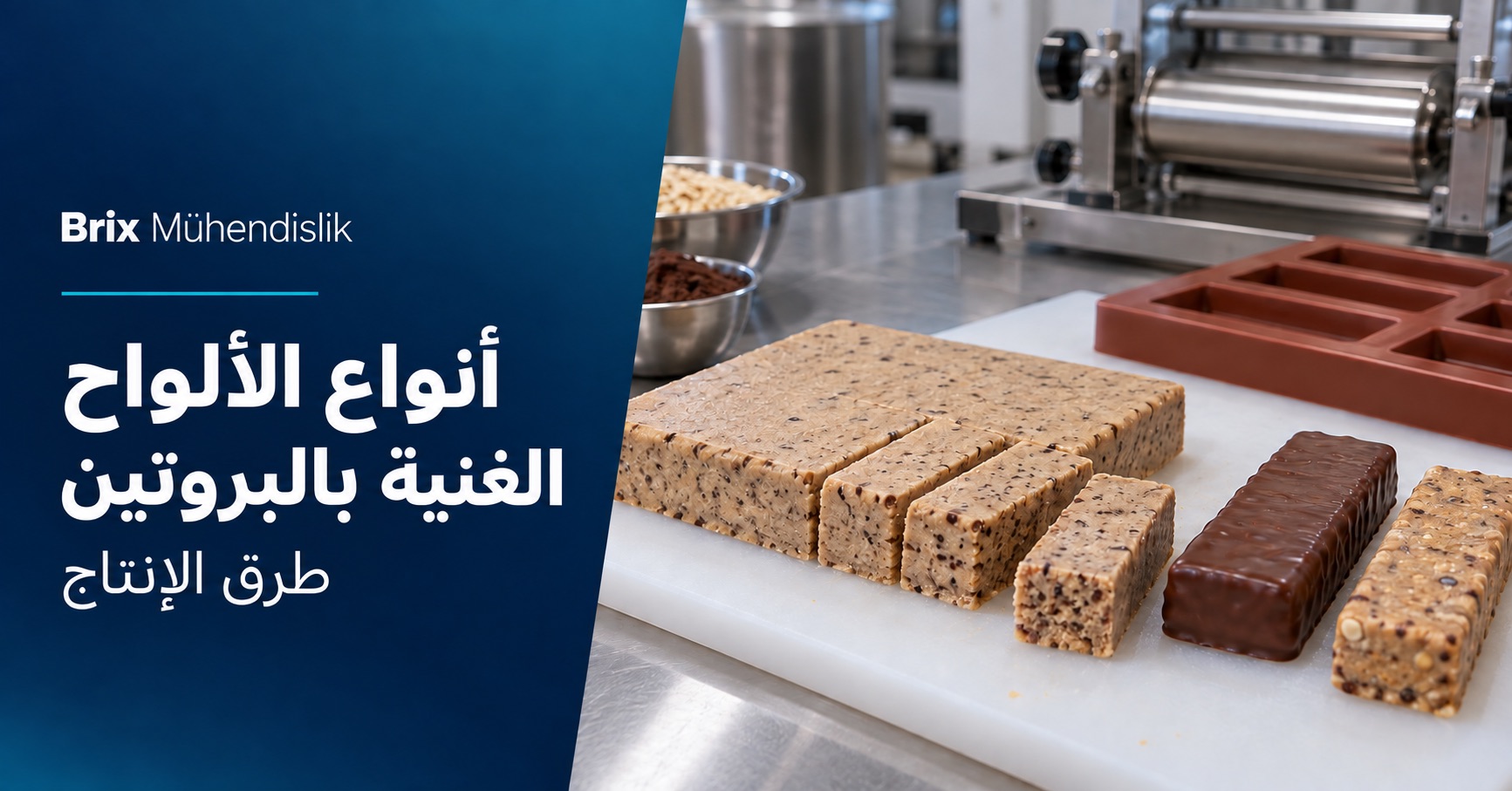 كتلة بروتين مقطعة وألواح سادة ومغطاة بالشوكولاتة مع قالب وأسطوانة؛ غلاف عربي عن طرق الإنتاج.
