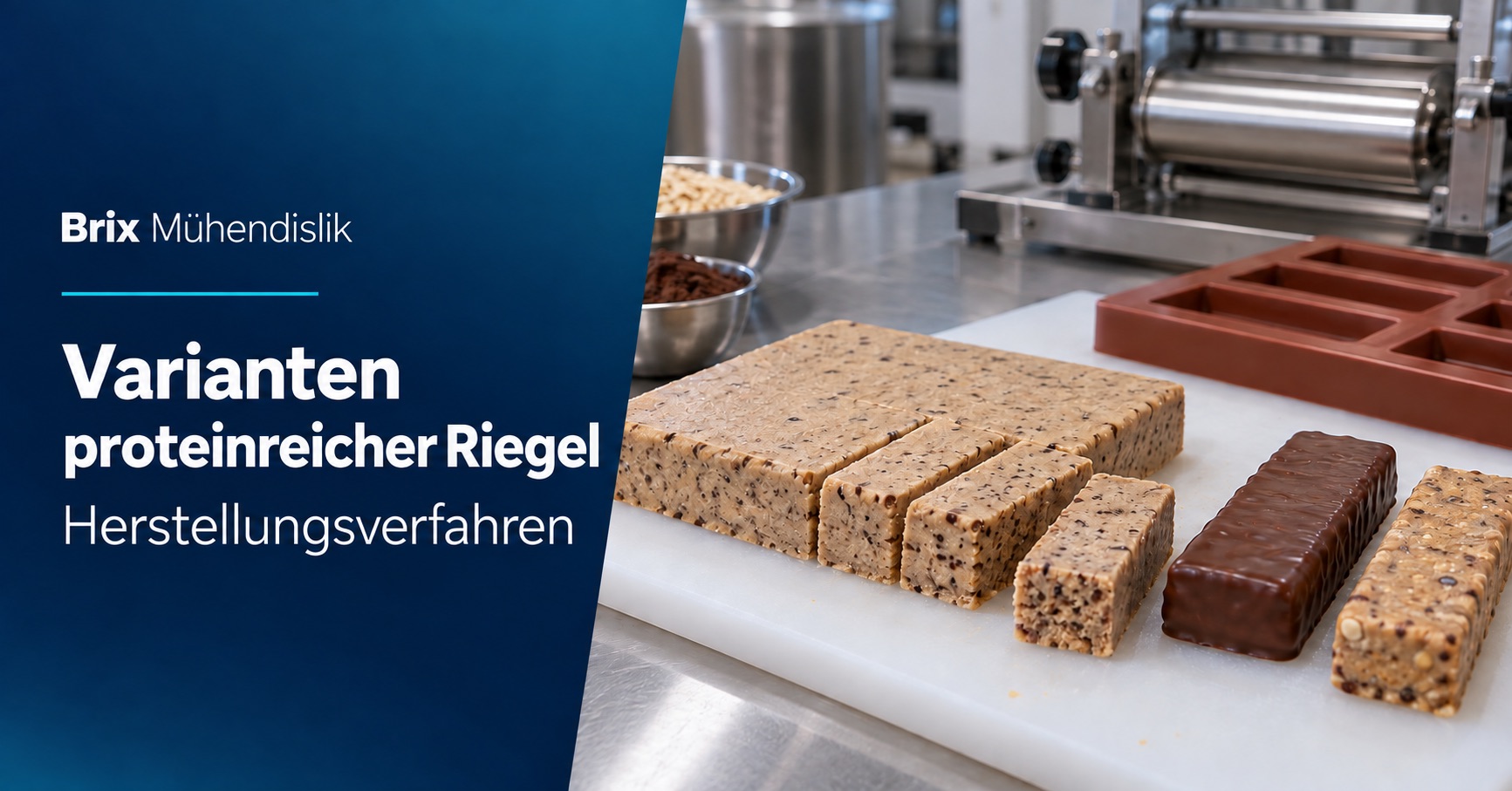 Geschnittene Proteinriegelmasse, naturbelassene und schokolierte Riegel, Form und Walze; deutsches Titelbild zur Herstellung.