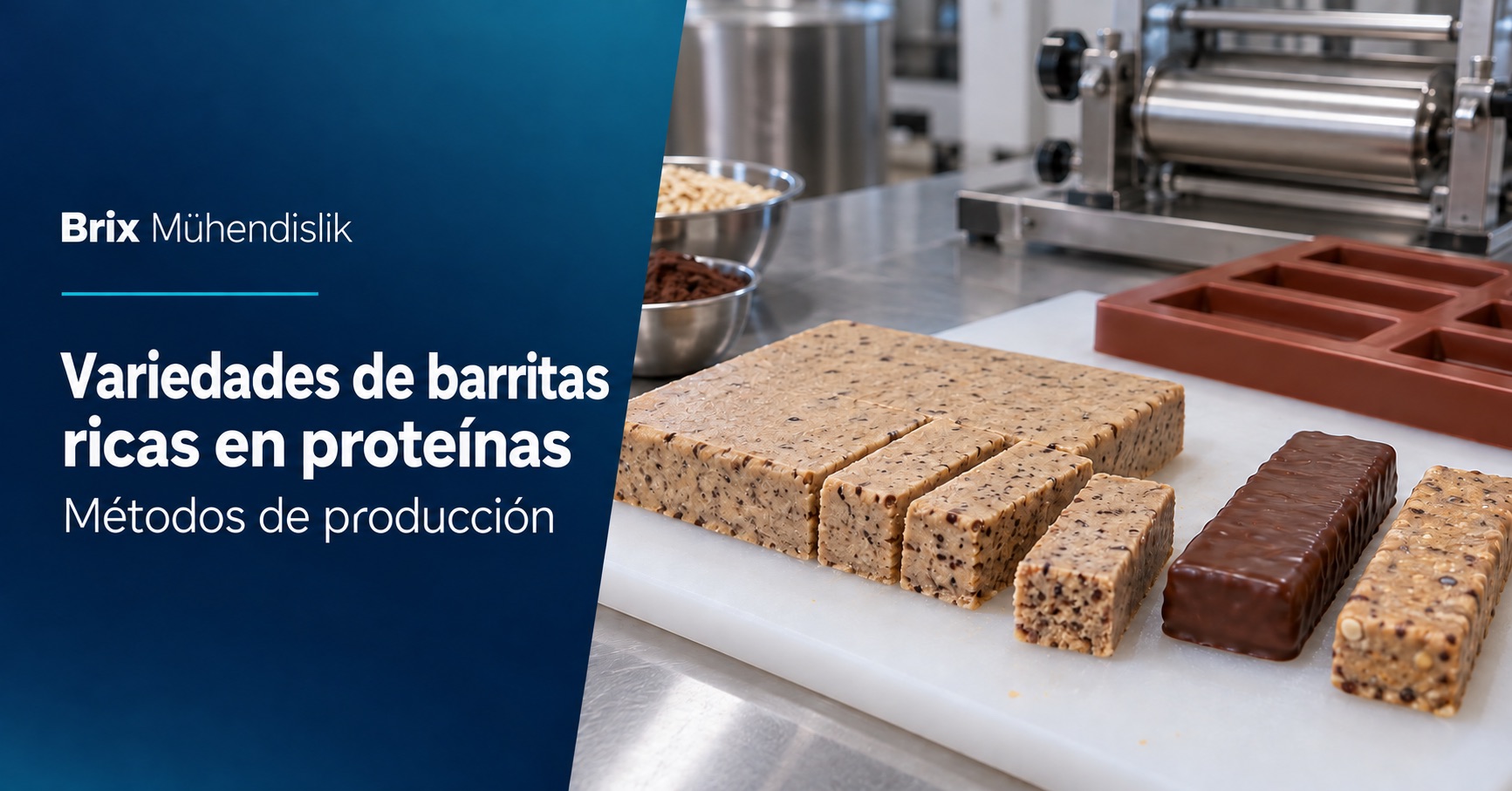 Placa proteica cortada, barritas simples y cubiertas de chocolate, molde y rodillo; portada en español sobre producción.