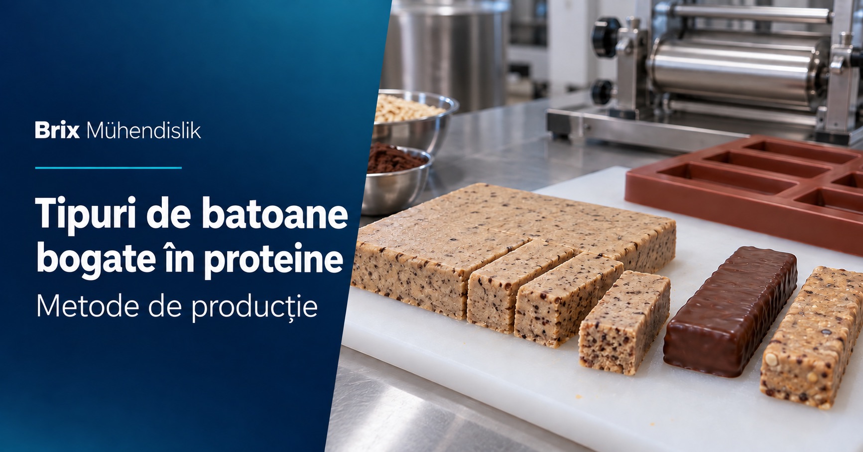 Placă proteică tăiată, batoane simple și învelite în ciocolată, matriță și rolă; copertă în română despre producție.