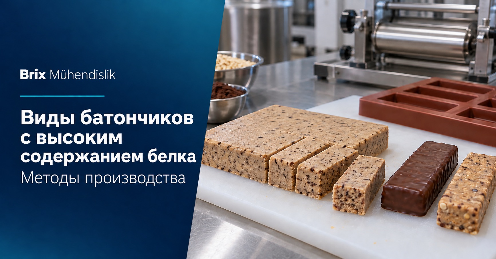 Нарезанный белковый пласт, обычные и шоколадные батончики, форма и валок; русская обложка о методах производства.