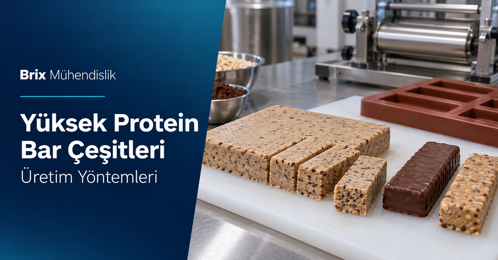 Kesilmiş protein bar tabakası, sade ve çikolata kaplı barlar, kalıp ve merdane; Türkçe üretim yöntemleri kapağı.
