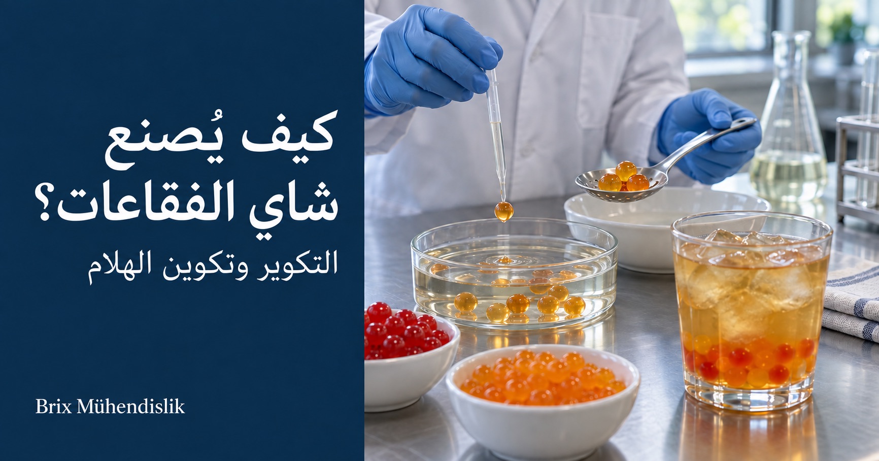 تجربة تكوير بالماصة لشاي الفقاعات مع كرات فاكهة ملونة وكوب من الشاي المثلج