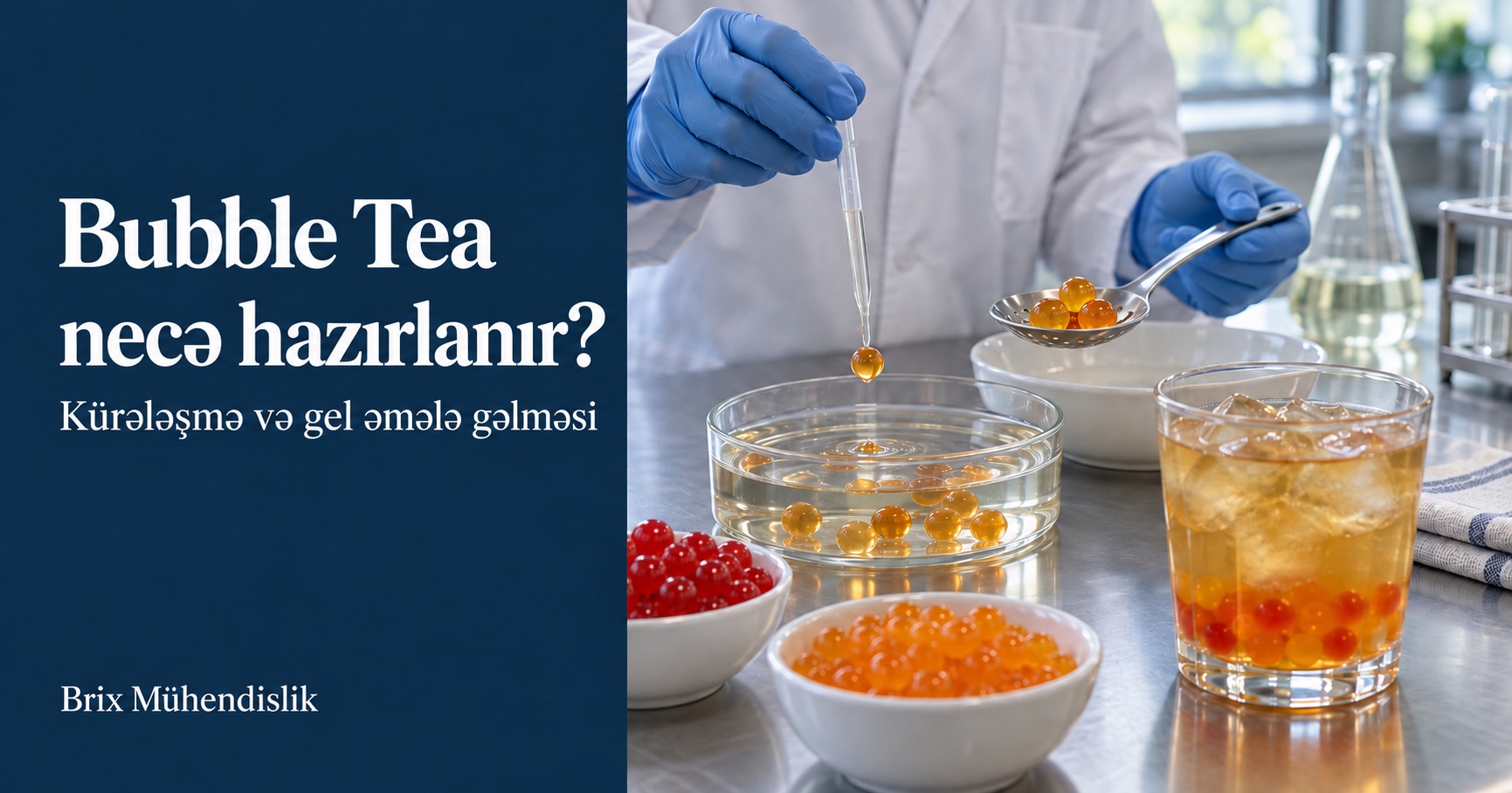 Bubble tea üçün pipetlə kürələşmə təcrübəsi, rəngli meyvə kürələri və buzlu çay stəkanı