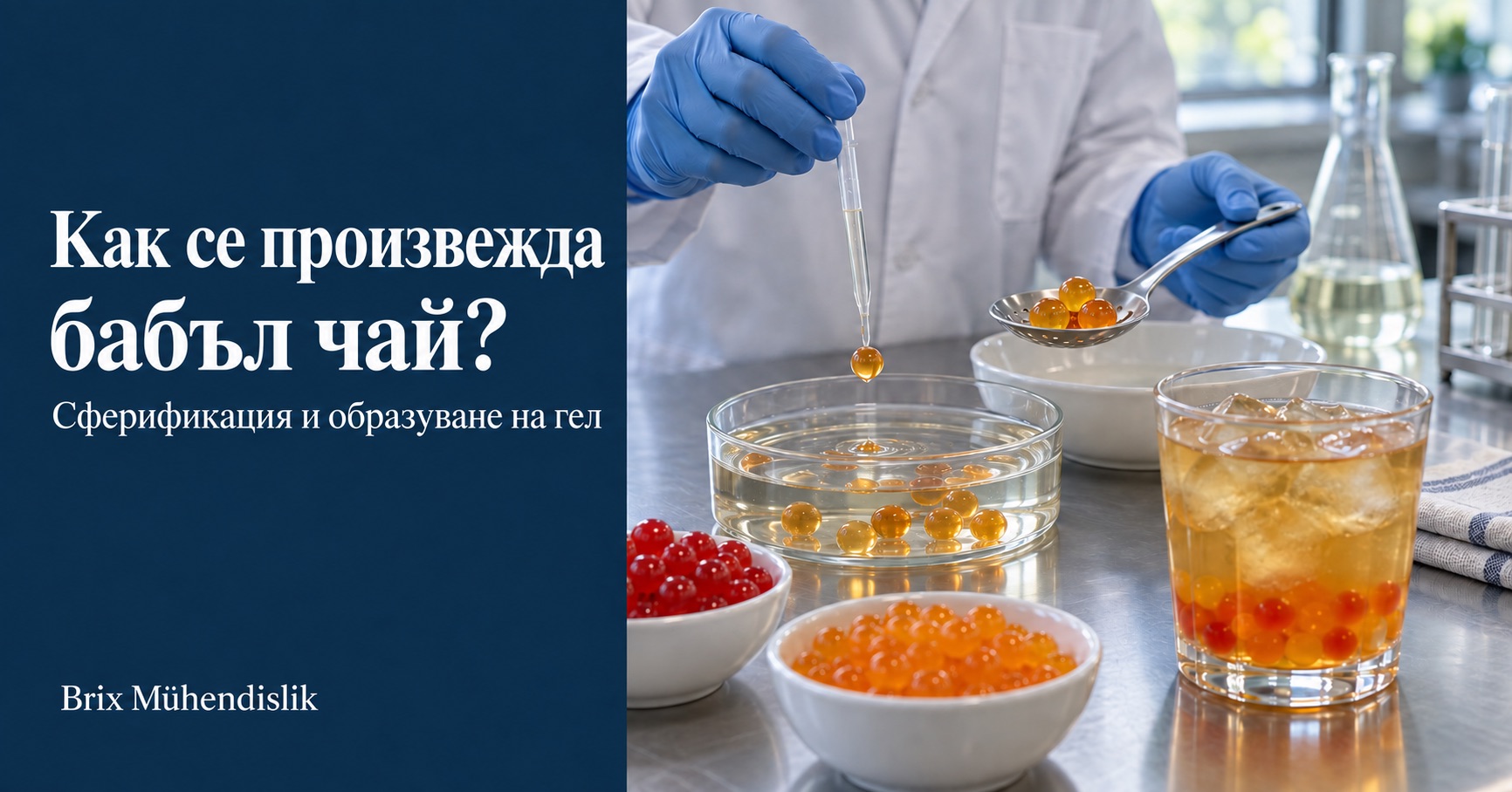 Опит за сферификация с пипета за бабъл чай, цветни плодови перли и чаша студен чай