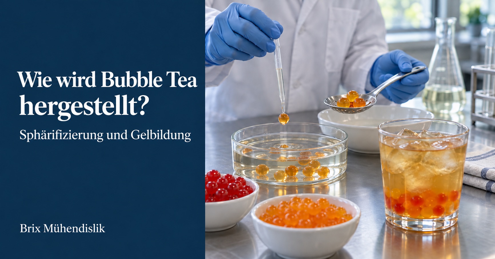 Sphärifizierungsversuch mit Pipette für Bubble Tea, bunten Fruchtperlen und einem Glas Eistee