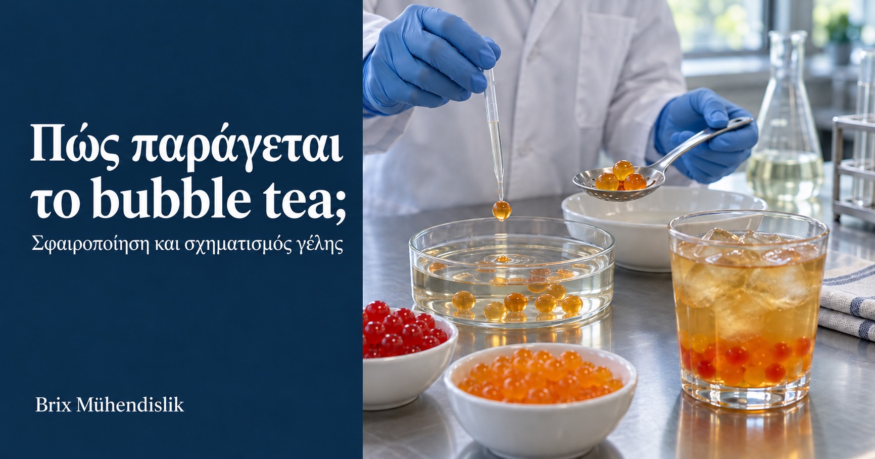 Πείραμα σφαιροποίησης με πιπέτα για bubble tea, πολύχρωμες πέρλες φρούτων και παγωμένο τσάι