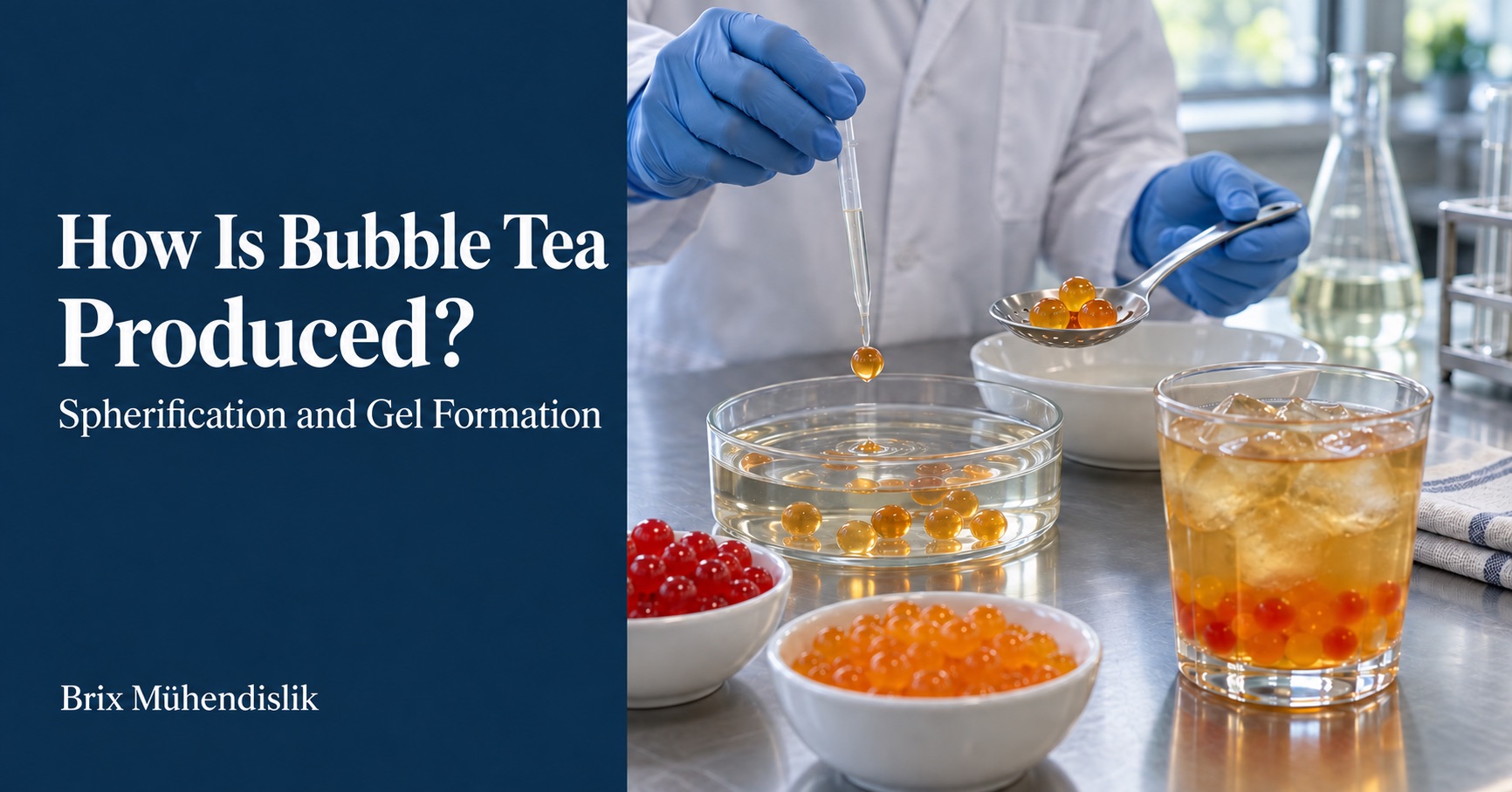 Pipette spherification experiment for bubble tea with colorful fruit pearls and a glass of iced tea