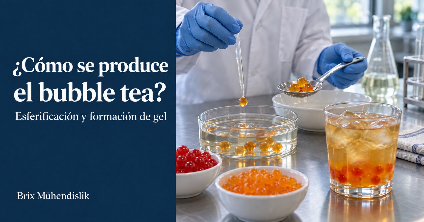 Experimento de esferificación con pipeta para bubble tea, perlas de fruta de colores y té helado