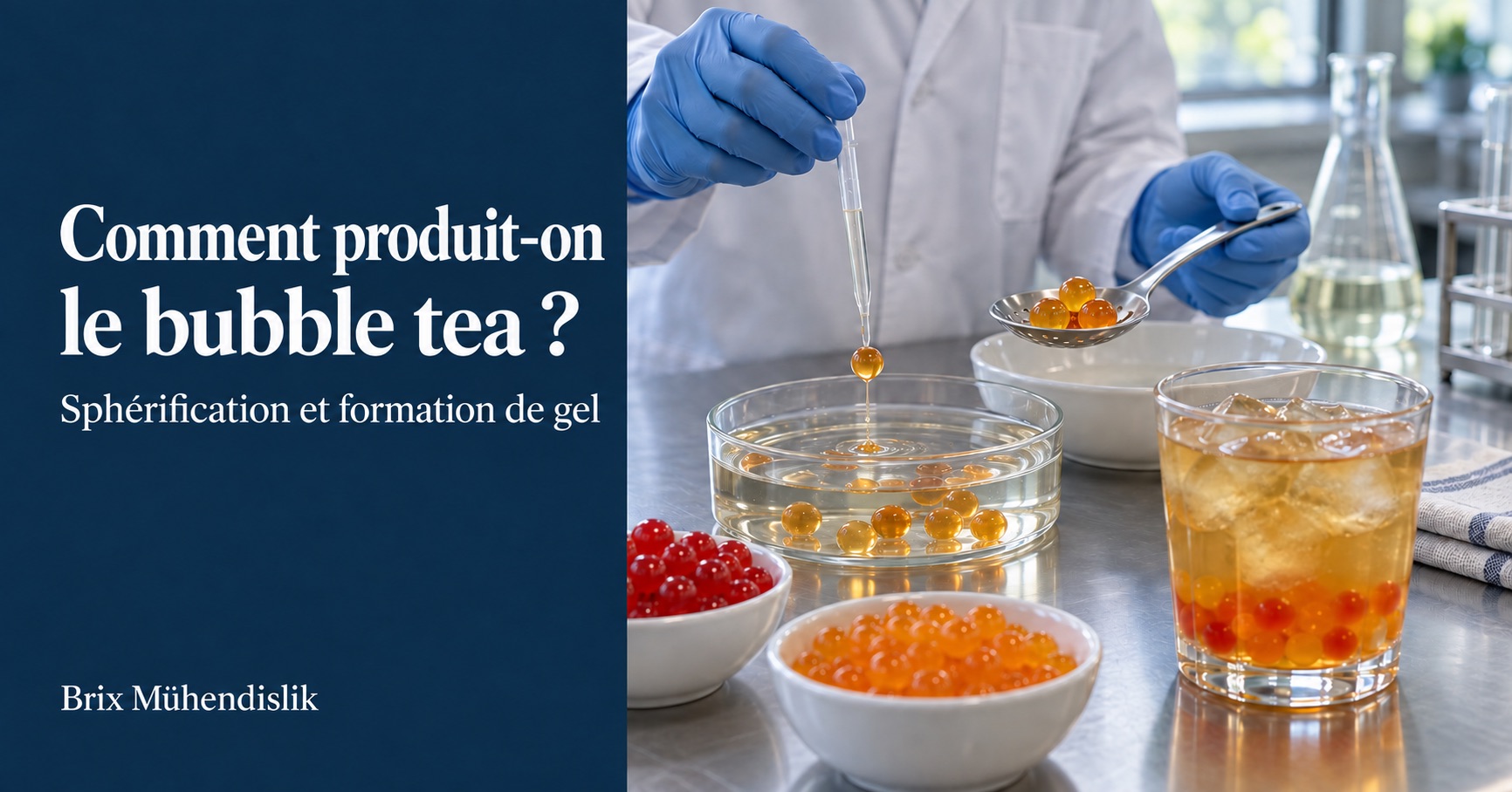 Expérience de sphérification à la pipette pour le bubble tea, perles de fruits colorées et thé glacé