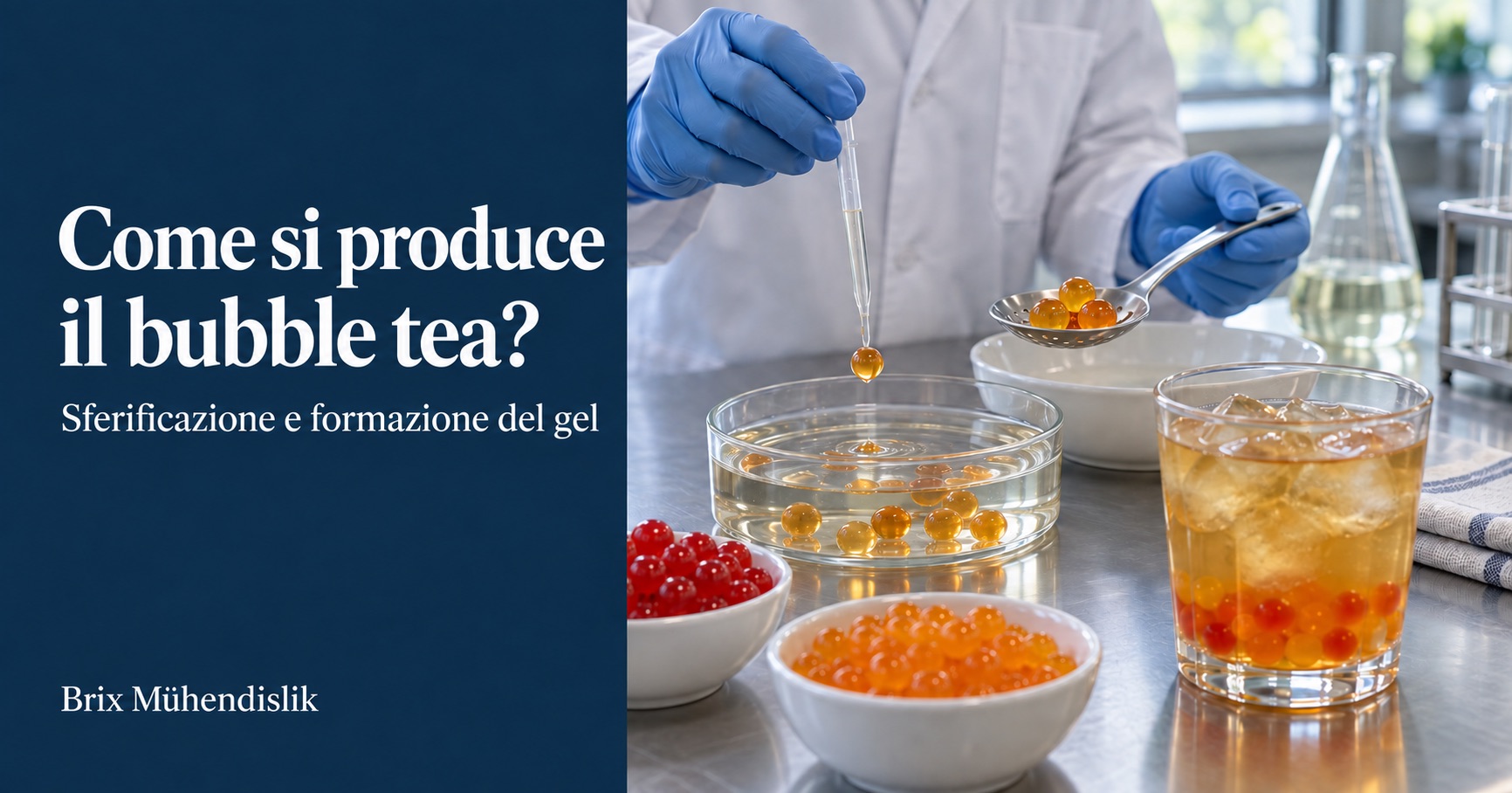 Esperimento di sferificazione con pipetta per il bubble tea, perle di frutta colorate e tè freddo