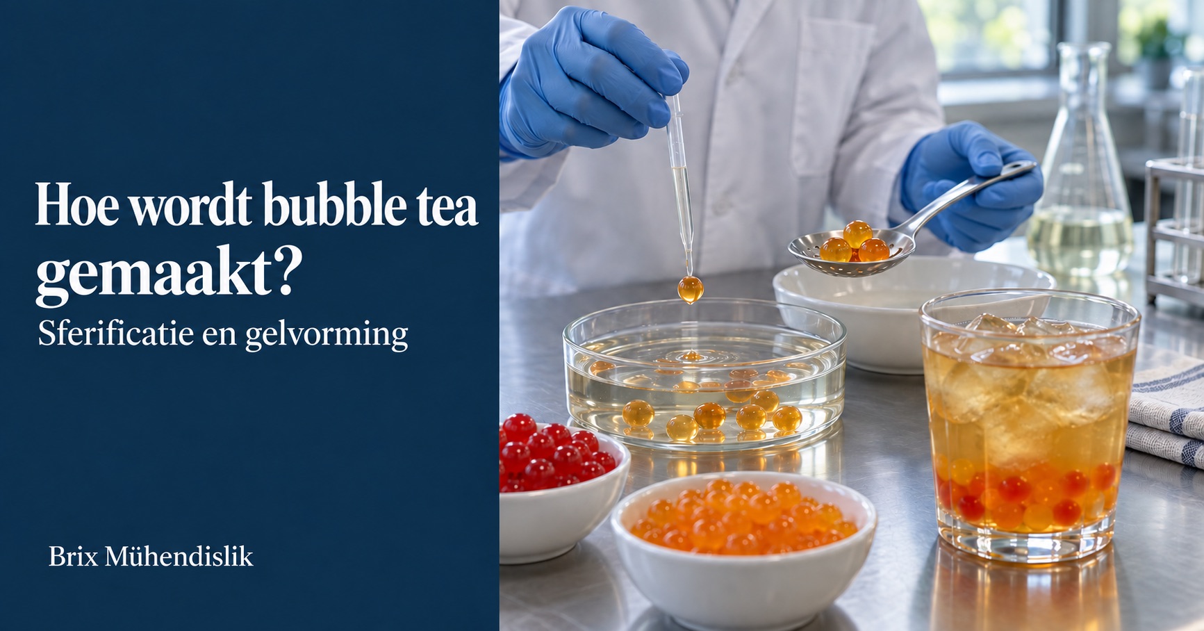 Sferificatieproef met pipet voor bubble tea, kleurrijke fruitparels en een glas ijsthee
