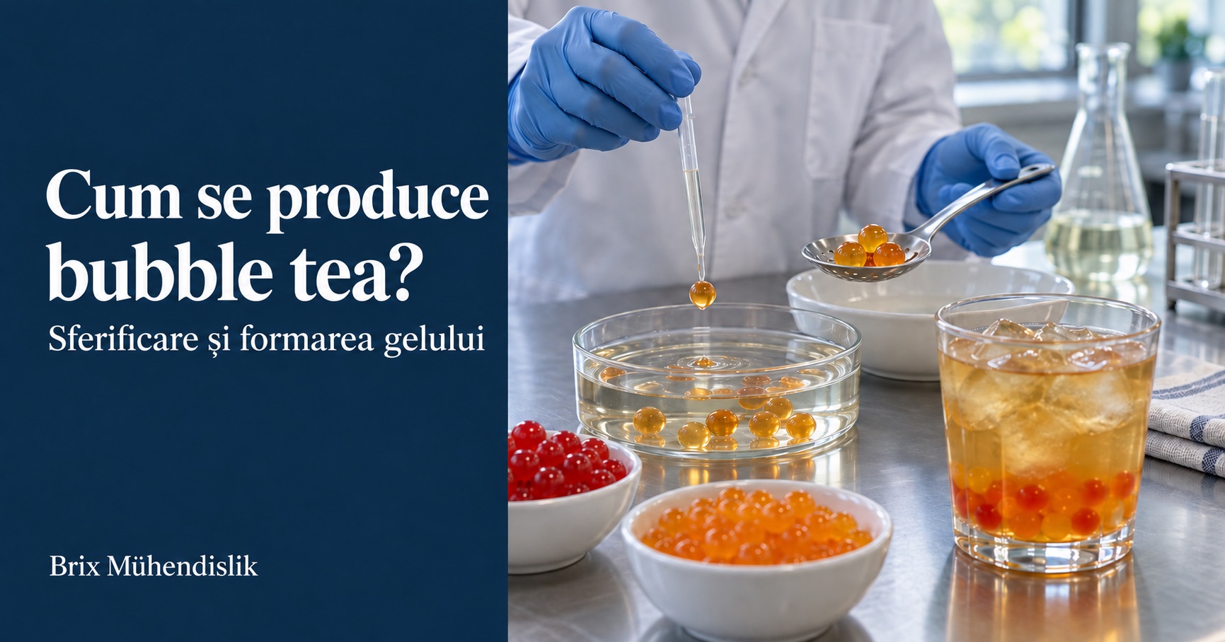 Experiment de sferificare cu pipeta pentru bubble tea, perle de fructe colorate și ceai cu gheață