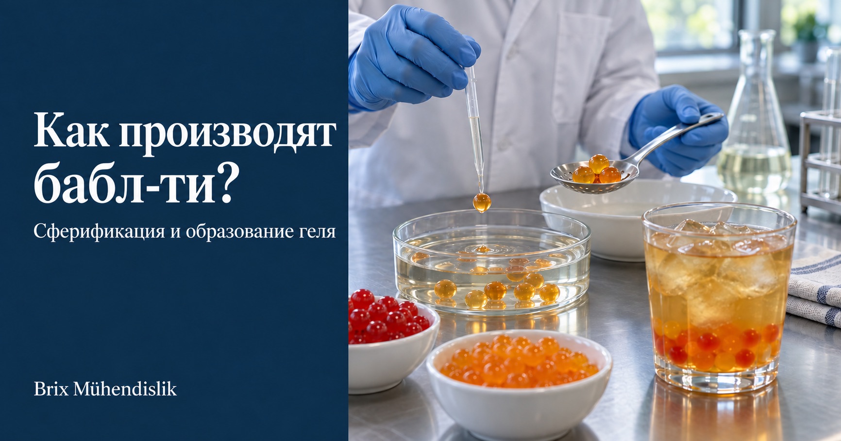 Опыт по сферификации с пипеткой для бабл-ти, цветные фруктовые шарики и стакан холодного чая
