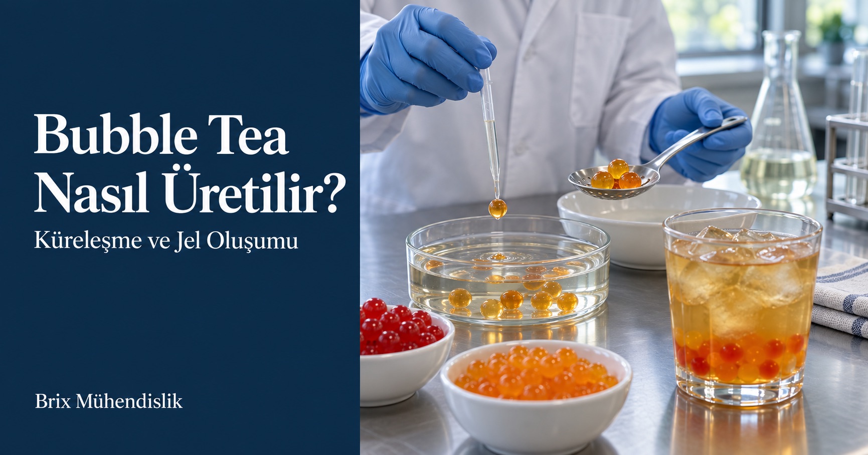 Bubble tea için pipetle küreleşme deneyi, renkli meyve küreleri ve buzlu çay bardağı