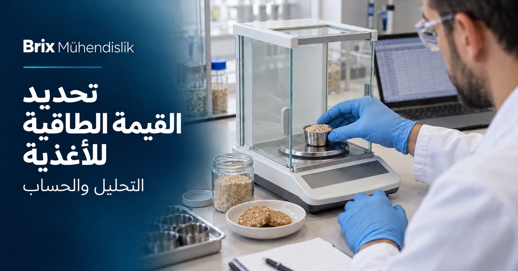 متخصص أغذية يزن عينة حبوب على ميزان تحليلي بجوار شاشة حسابات؛ غلاف عربي عن القيمة الطاقية للأغذية.