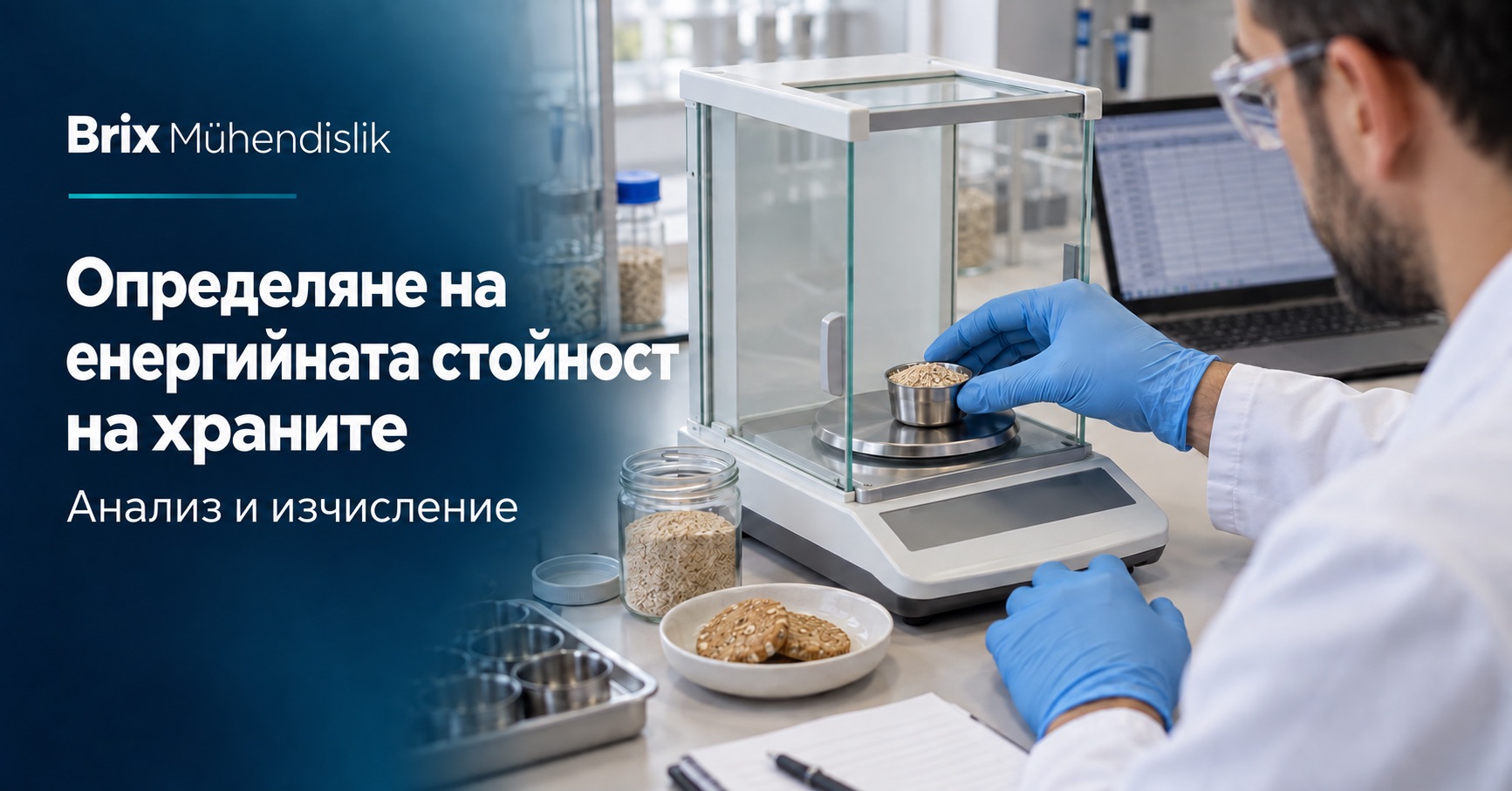 Специалист претегля зърнена проба на аналитична везна до екран с изчисления; корица на български език.