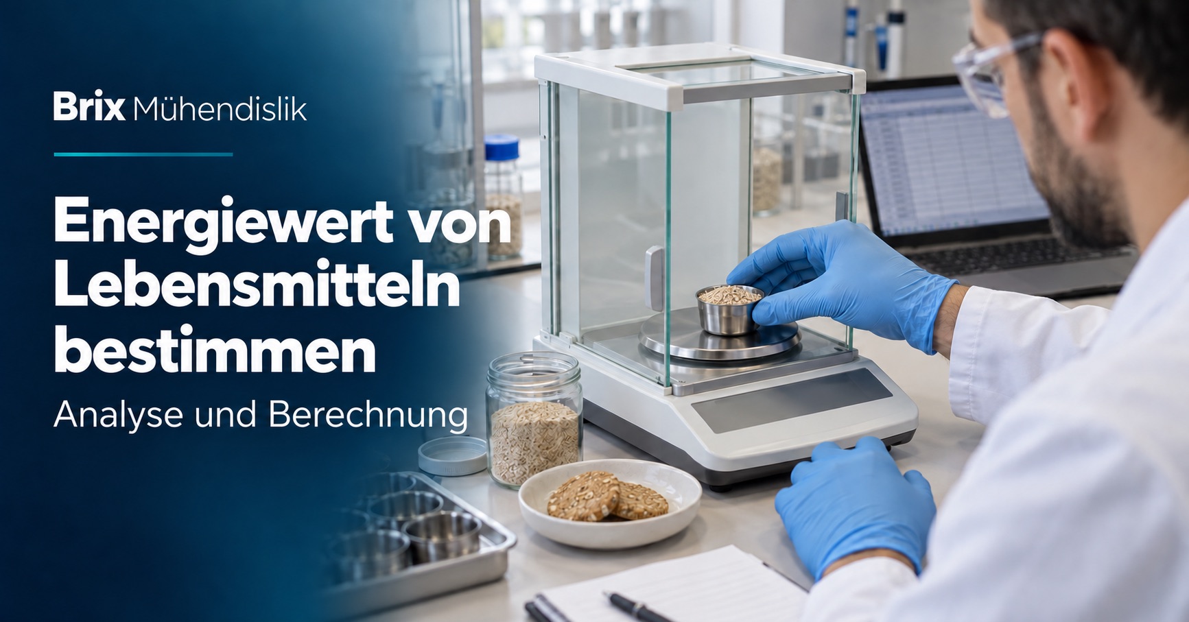 Lebensmittelwissenschaftler wiegt eine Getreideprobe auf einer Analysenwaage neben einem Rechenbildschirm; deutsches Titelbild.