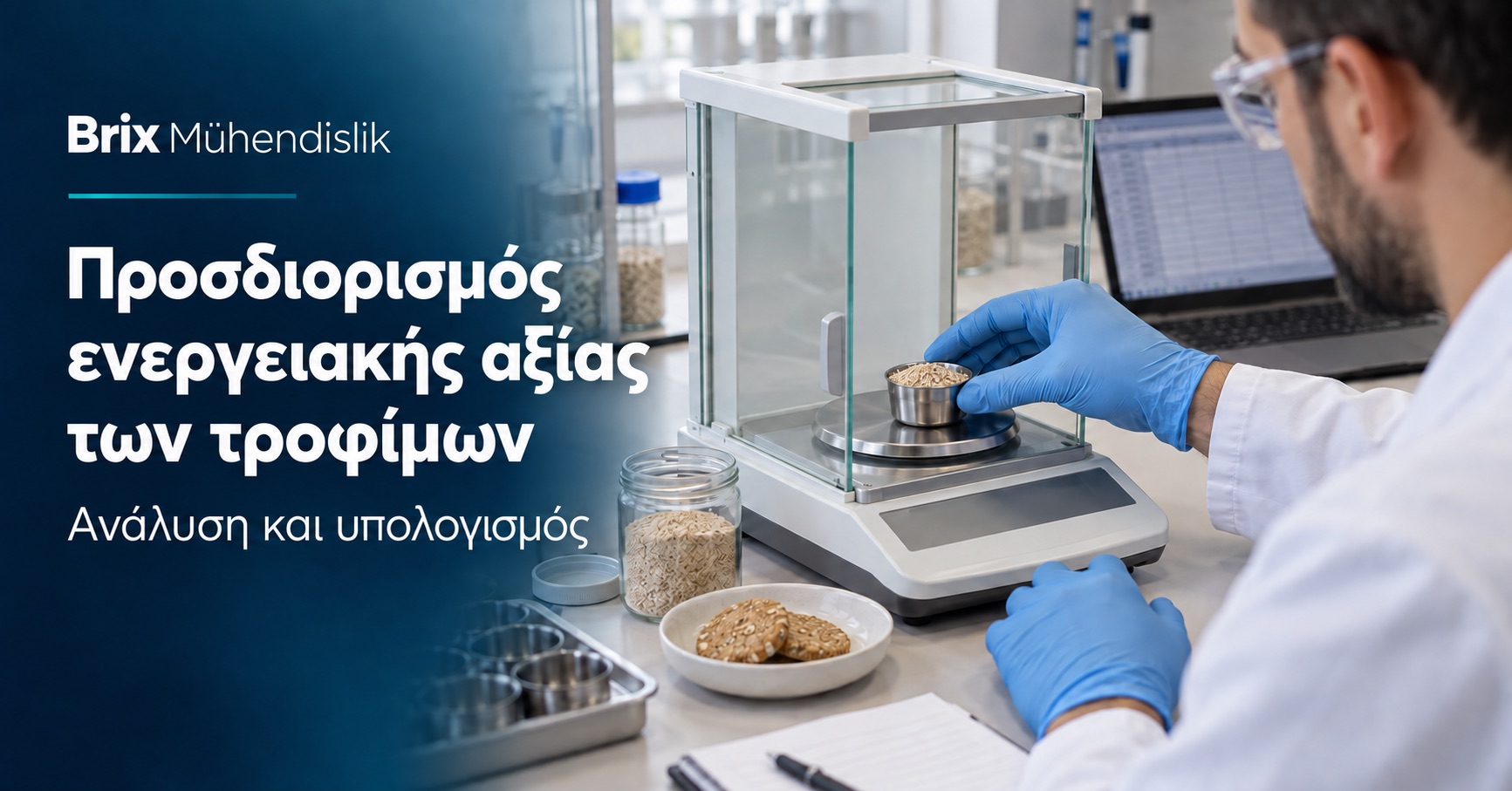 Επιστήμονας ζυγίζει δείγμα δημητριακών σε αναλυτικό ζυγό δίπλα σε οθόνη υπολογισμών· ελληνικό εξώφυλλο.