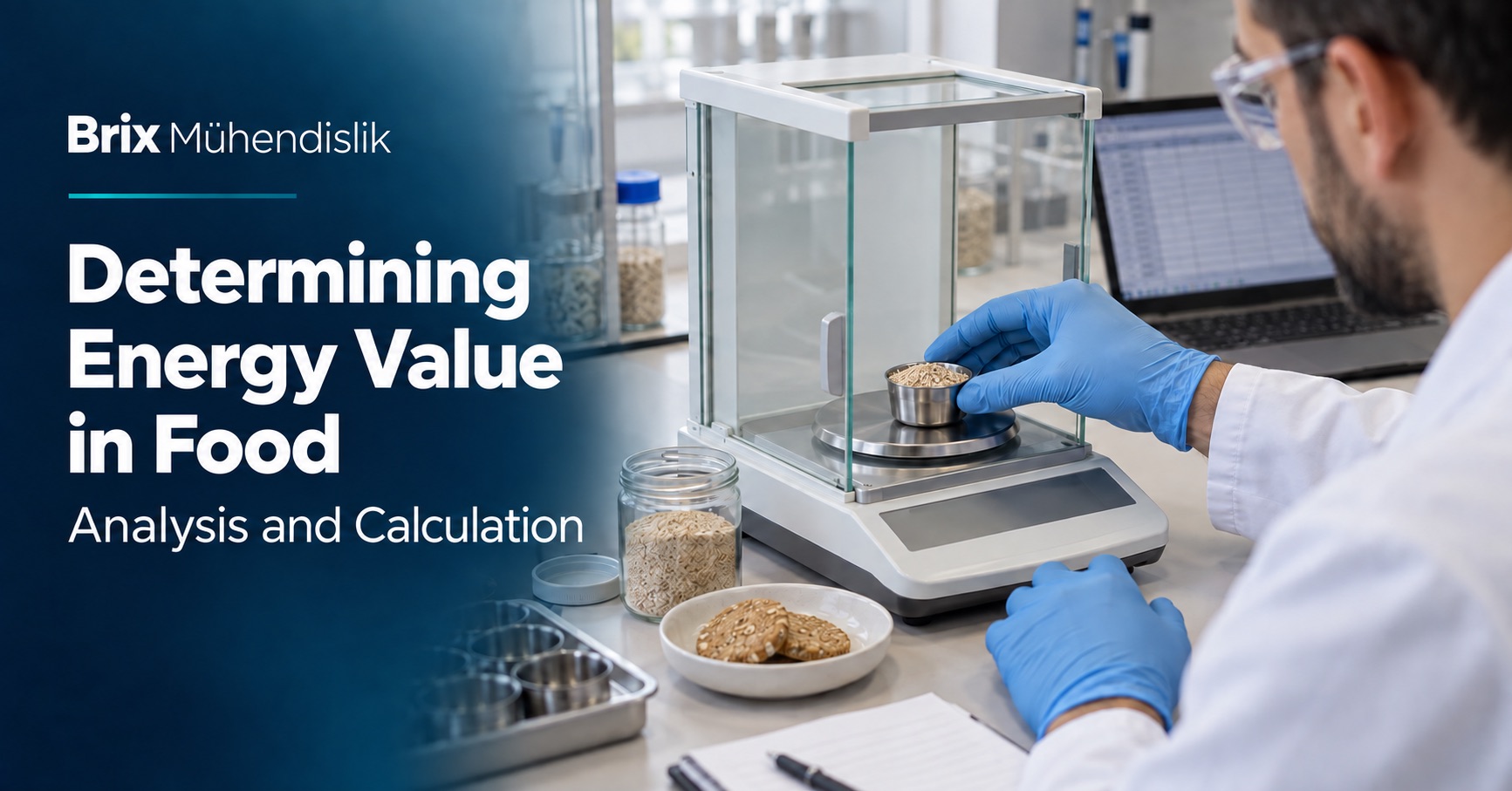 Food scientist weighing a cereal sample on an analytical balance beside a calculation screen; English energy value cover.