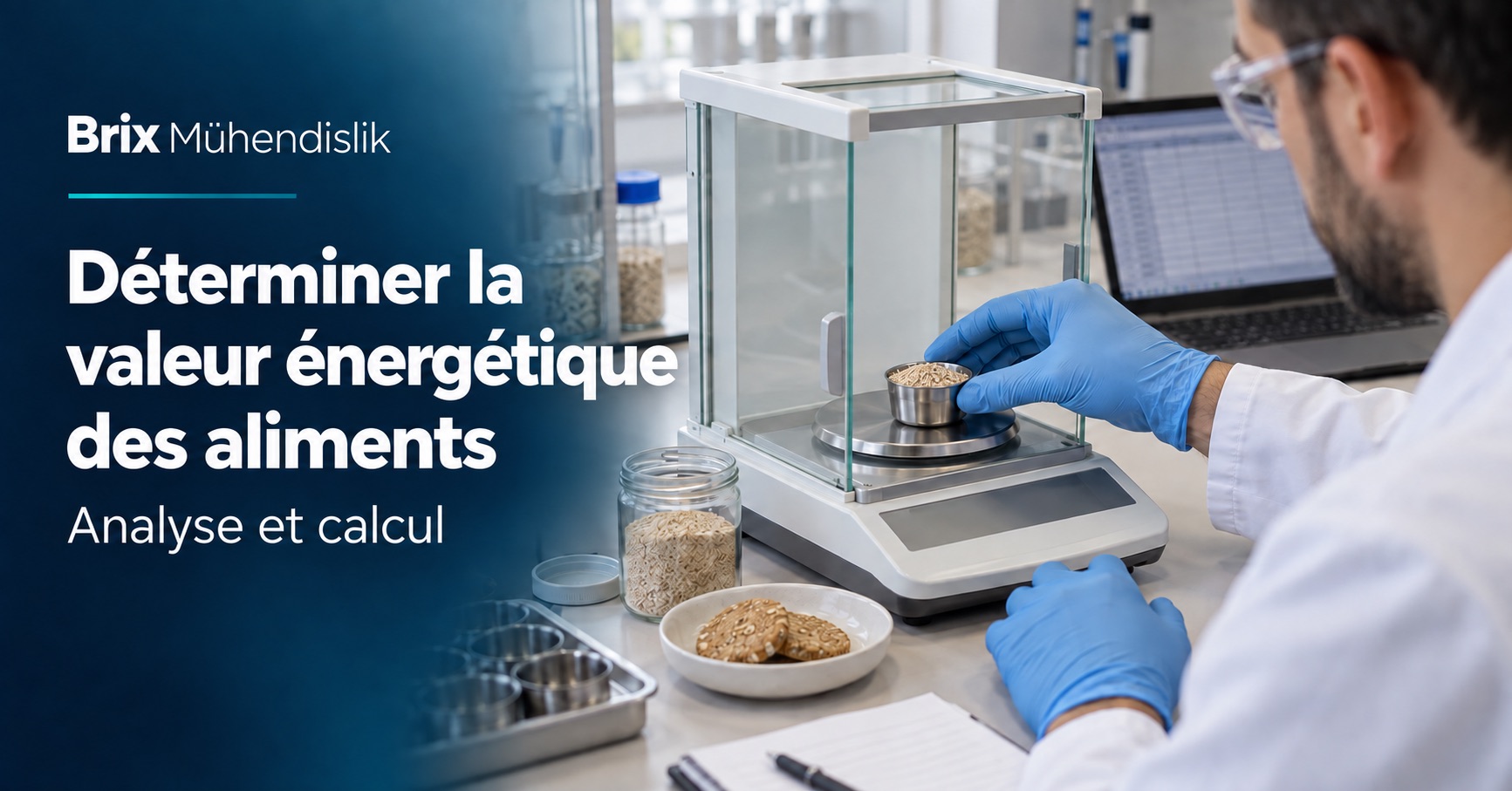 Scientifique pesant un échantillon de céréales sur une balance analytique près d’un écran de calcul ; couverture en français.