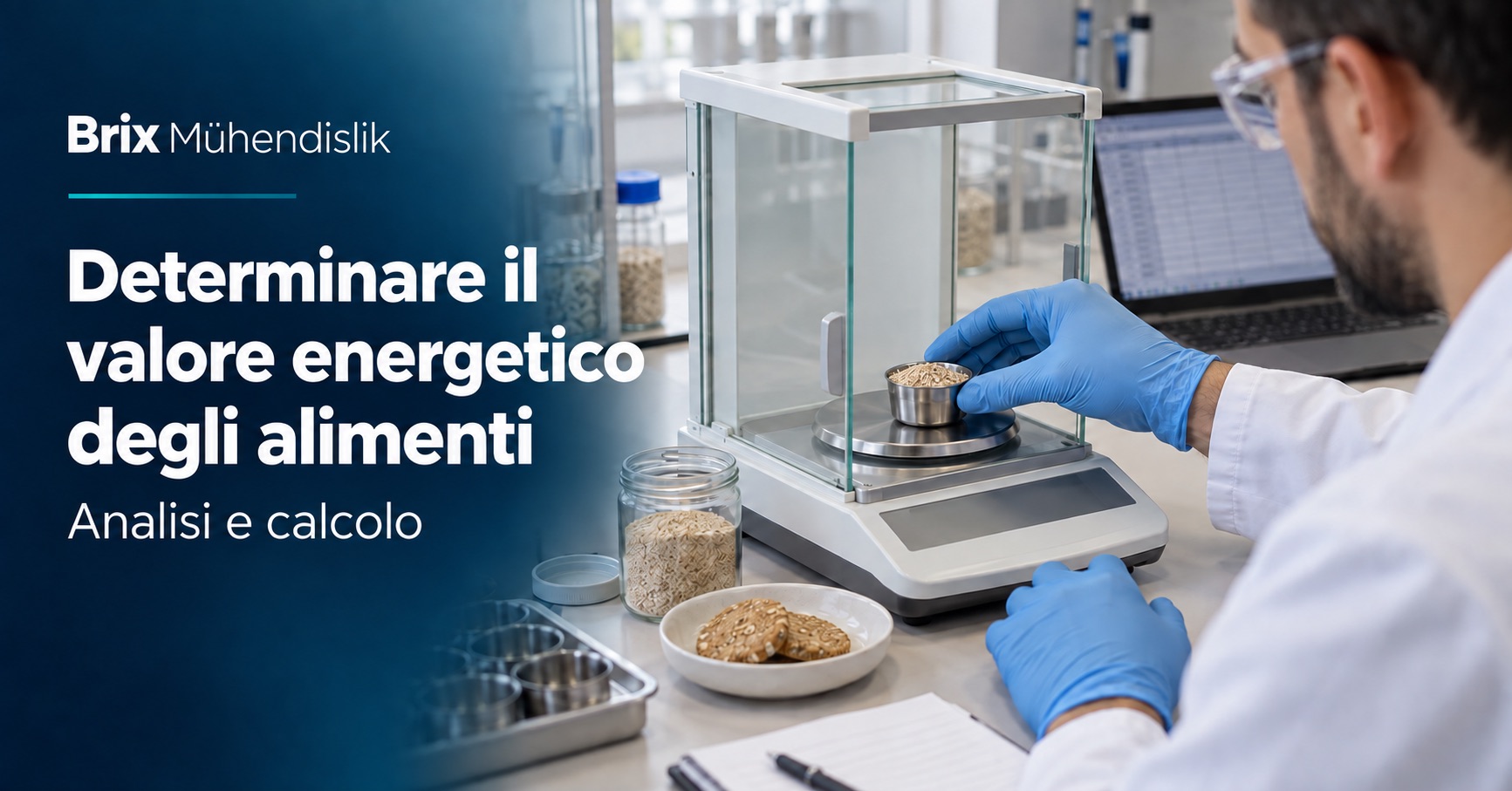 Tecnologo alimentare pesa un campione di cereali su una bilancia analitica accanto a uno schermo di calcolo; copertina in italiano.