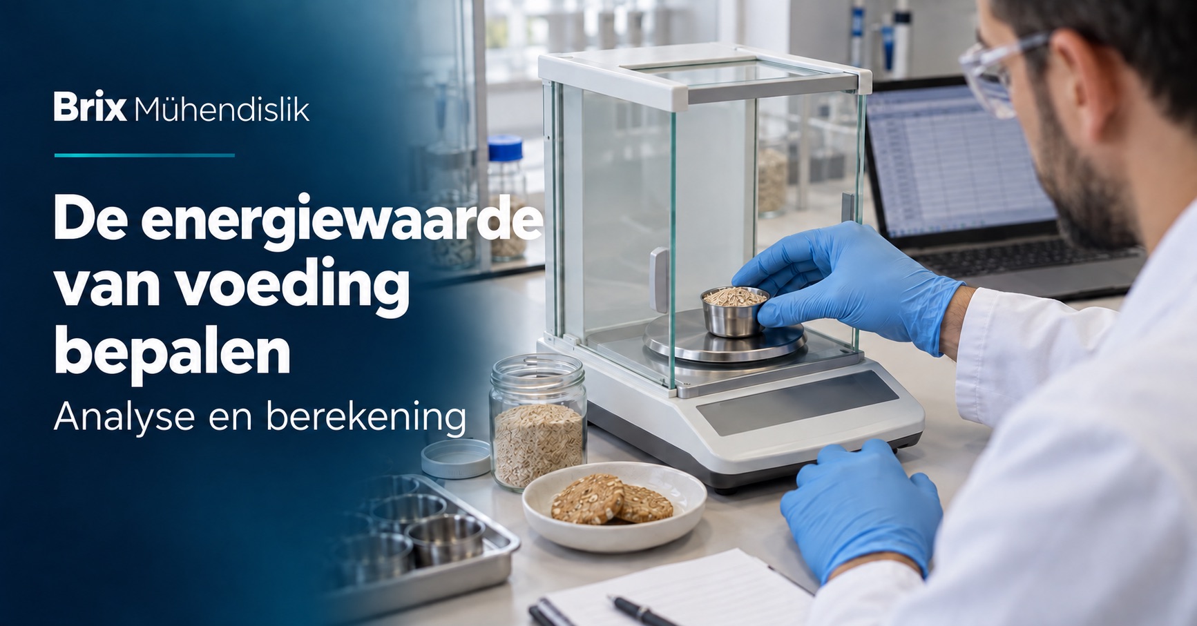 Voedingswetenschapper weegt een graanmonster op een analytische balans naast een rekenscherm; Nederlandse omslag.