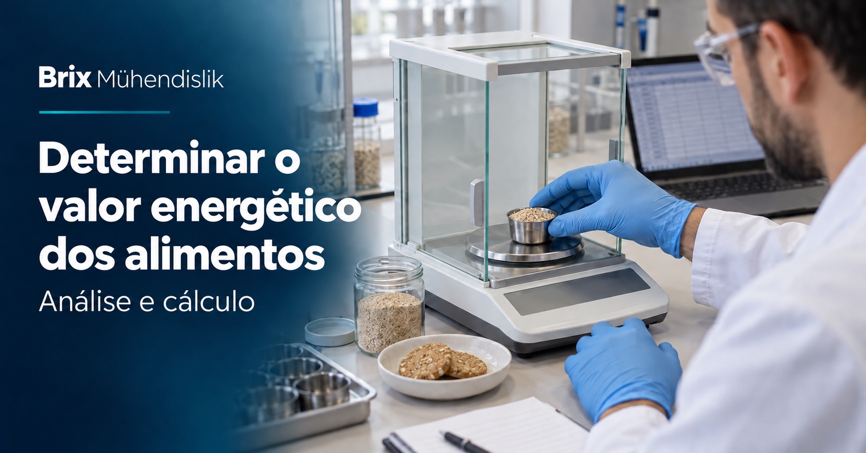 Tecnólogo alimentar pesa uma amostra de cereais numa balança analítica junto a um ecrã de cálculo; capa em português.