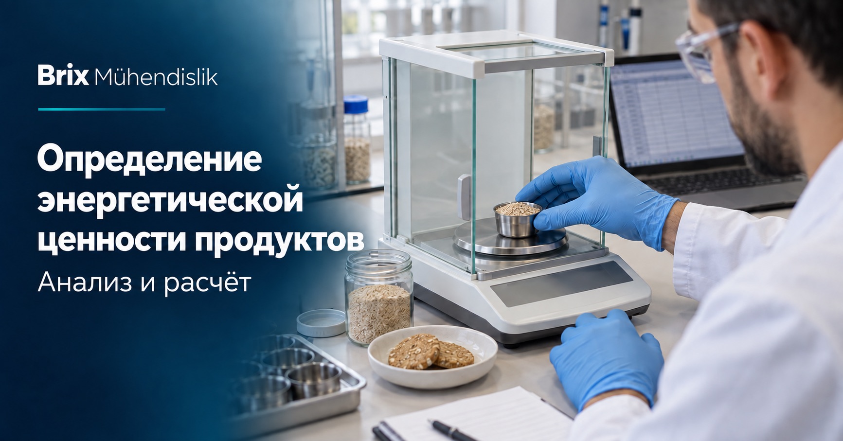 Специалист взвешивает образец зерна на аналитических весах рядом с экраном расчётов; обложка на русском языке.