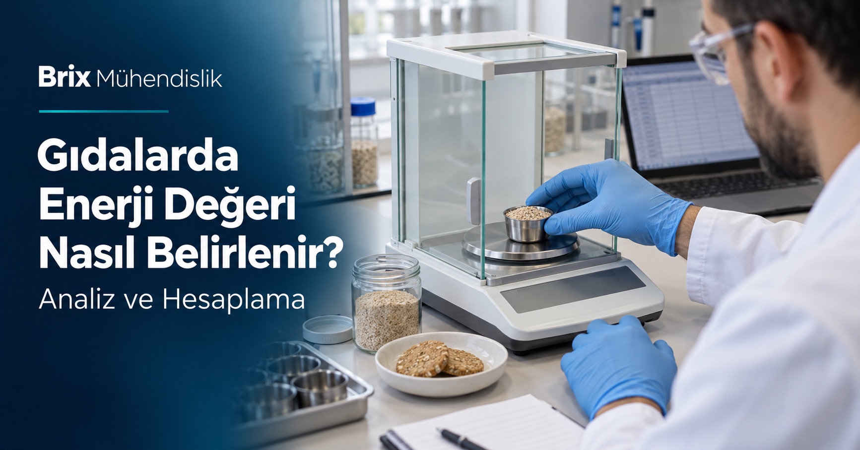 Analitik terazide tahıl numunesini tartan gıda uzmanı ve hesaplama ekranı; enerji değeri hakkında Türkçe kapak.