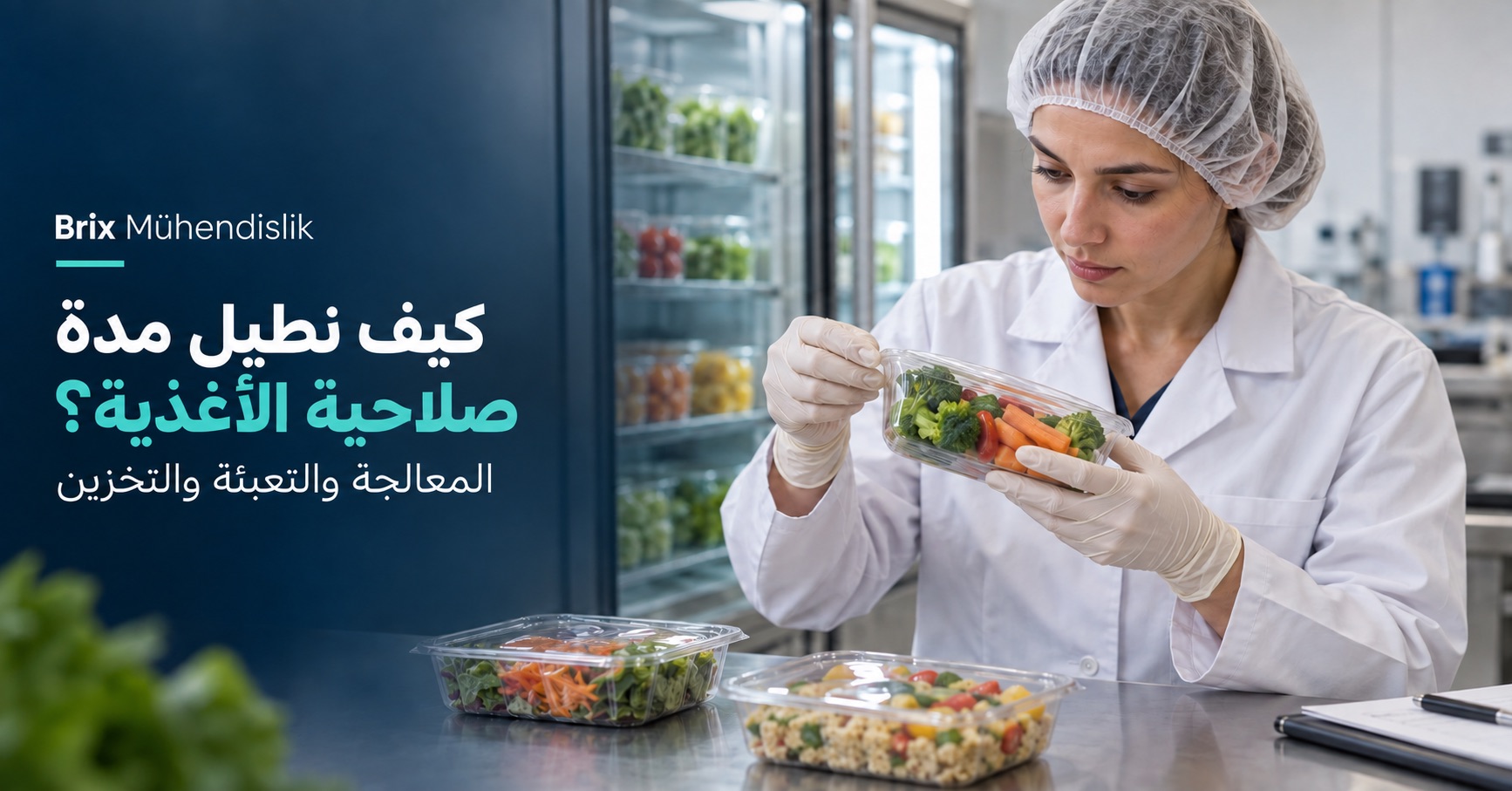 متخصصة في تكنولوجيا الأغذية تفحص غشاء إغلاق عبوة خضروات بجوار ثلاجة؛ غلاف عربي عن مدة الصلاحية.