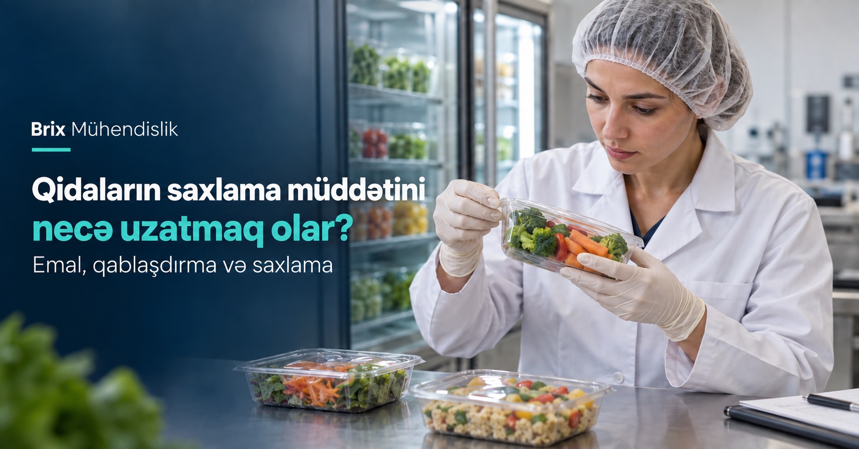 Soyuducunun yanında tərəvəz qabının bağlama plyonkasını yoxlayan qida texnoloqu; saxlama müddəti haqqında Azərbaycan dilində üz qabığı.
