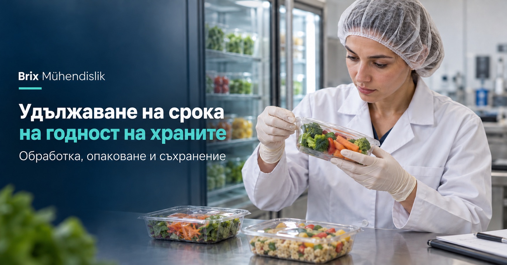 Хранителен технолог проверява запечатващото фолио на тарелка със зеленчуци до хладилник; корица на български език.