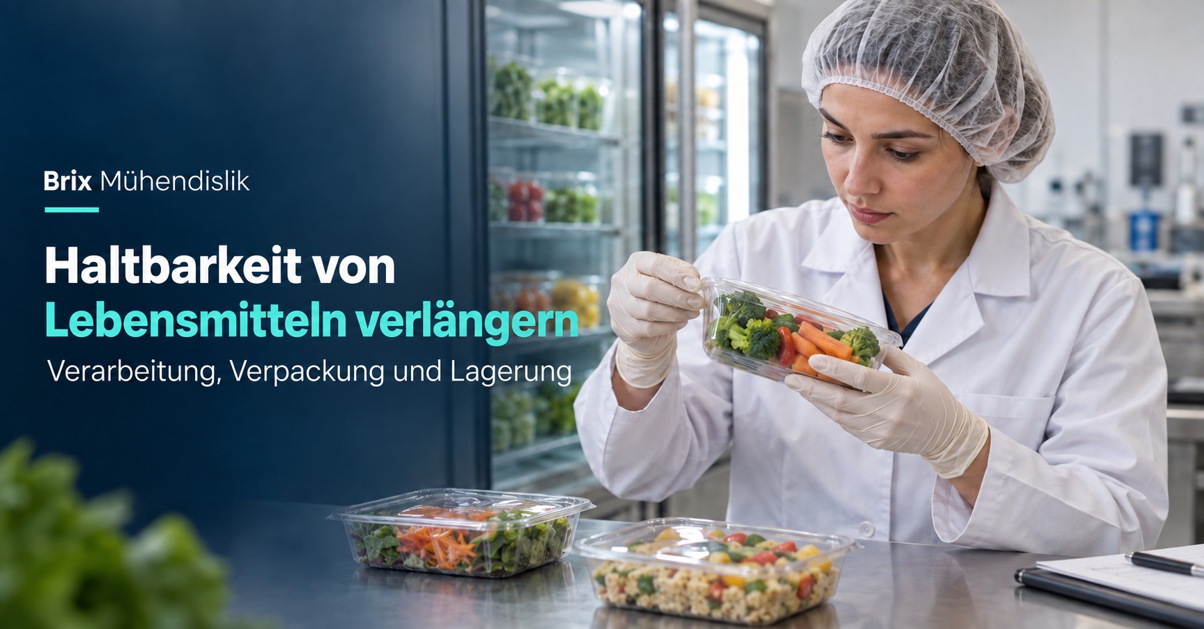 Lebensmitteltechnologin prüft die Siegelfolie einer Gemüseschale neben einem Kühlschrank; deutsches Titelbild zur Haltbarkeit.