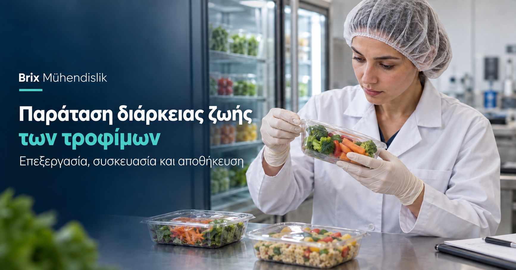 Τεχνολόγος τροφίμων ελέγχει τη μεμβράνη σφράγισης ενός δίσκου λαχανικών δίπλα σε ψυγείο· ελληνικό εξώφυλλο.