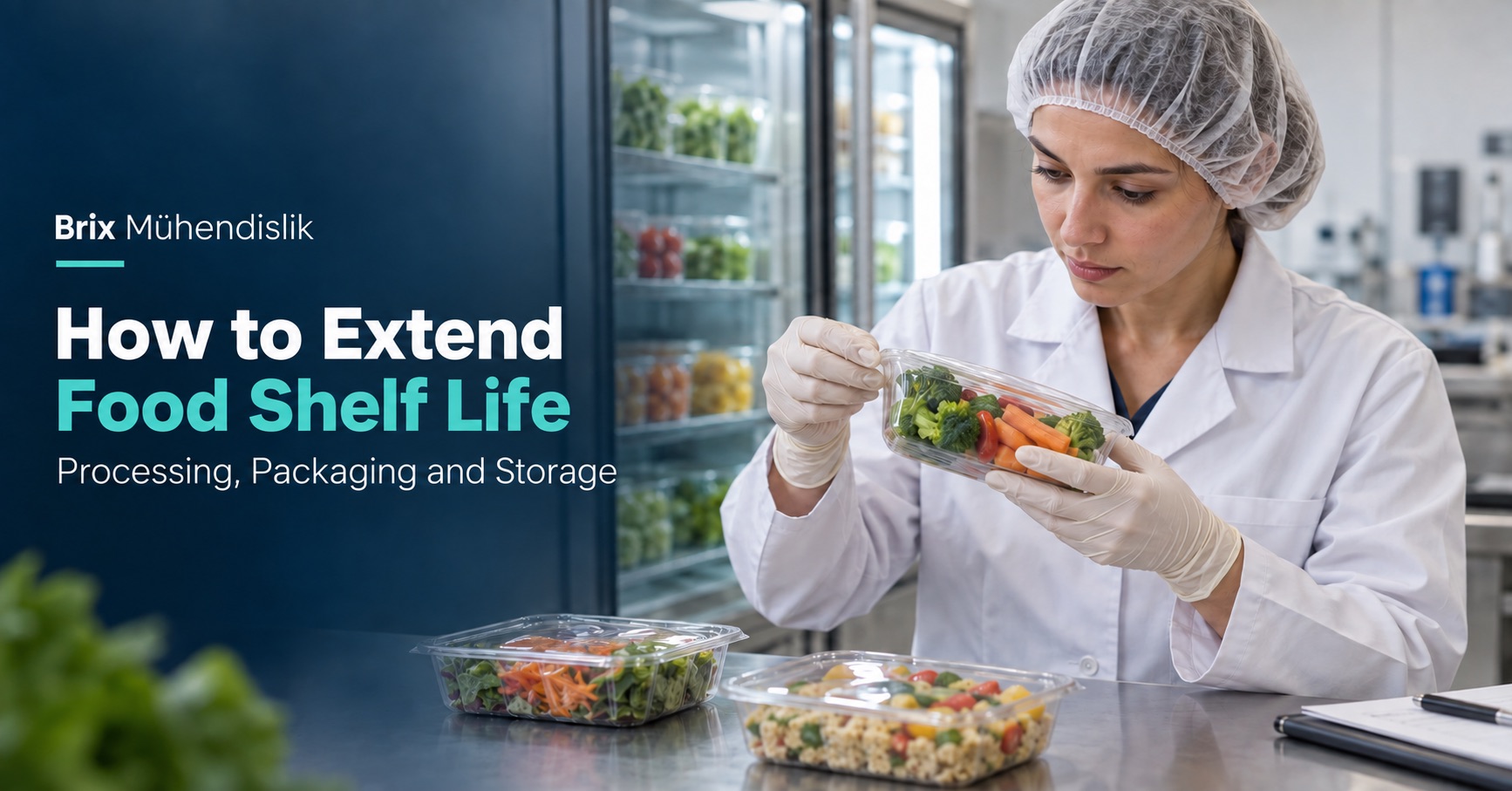 Food technologist inspecting the film seal of a vegetable tray beside a refrigerator; English shelf life cover.
