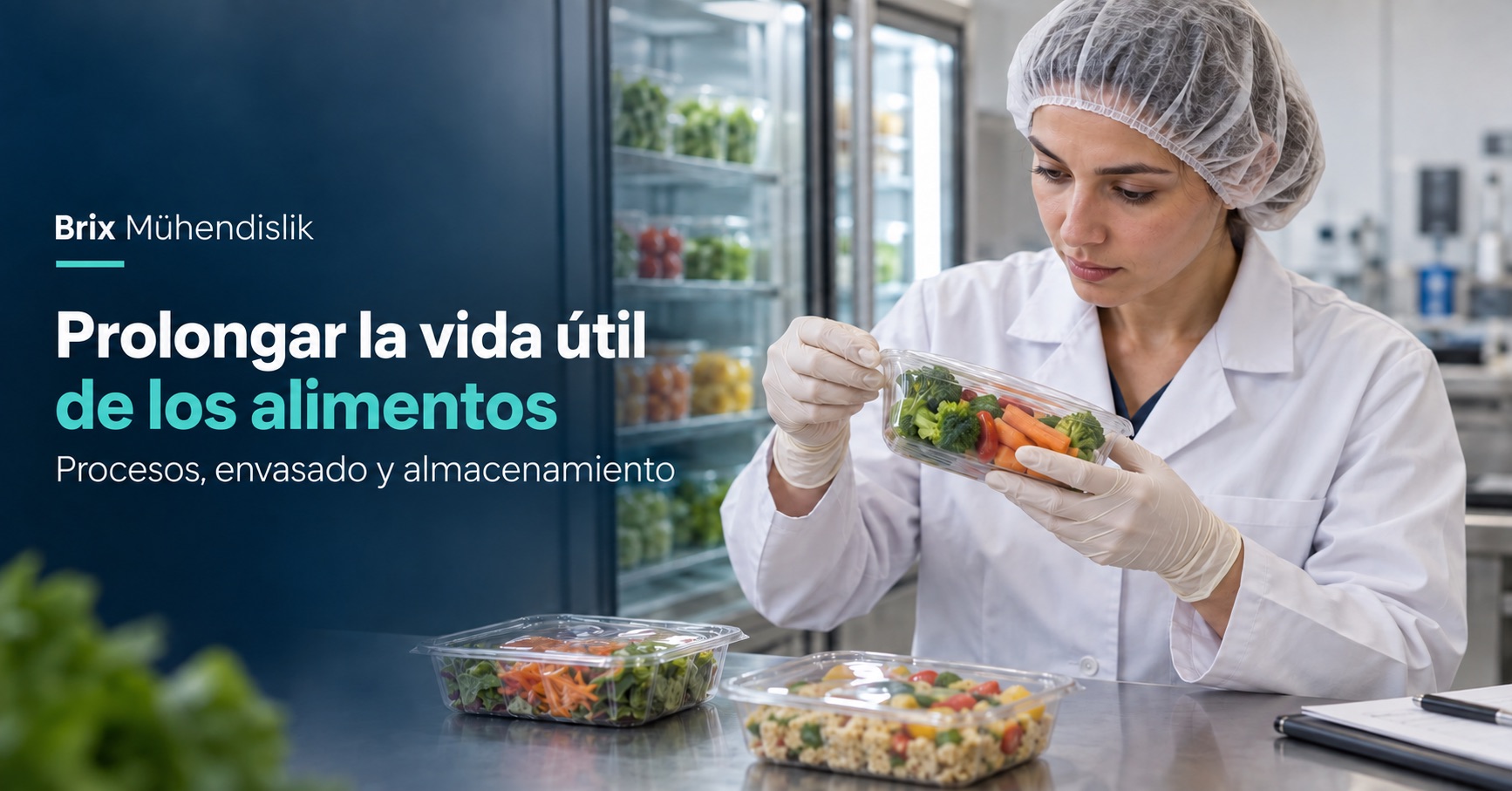 Tecnóloga alimentaria revisa la película sellada de una bandeja de verduras junto a un frigorífico; portada en español.