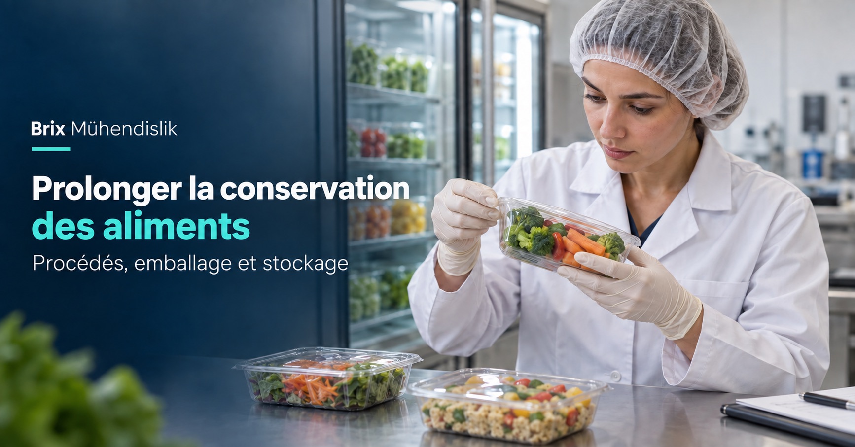 Technologue alimentaire inspectant le film scellé d’une barquette de légumes près d’un réfrigérateur ; couverture en français.