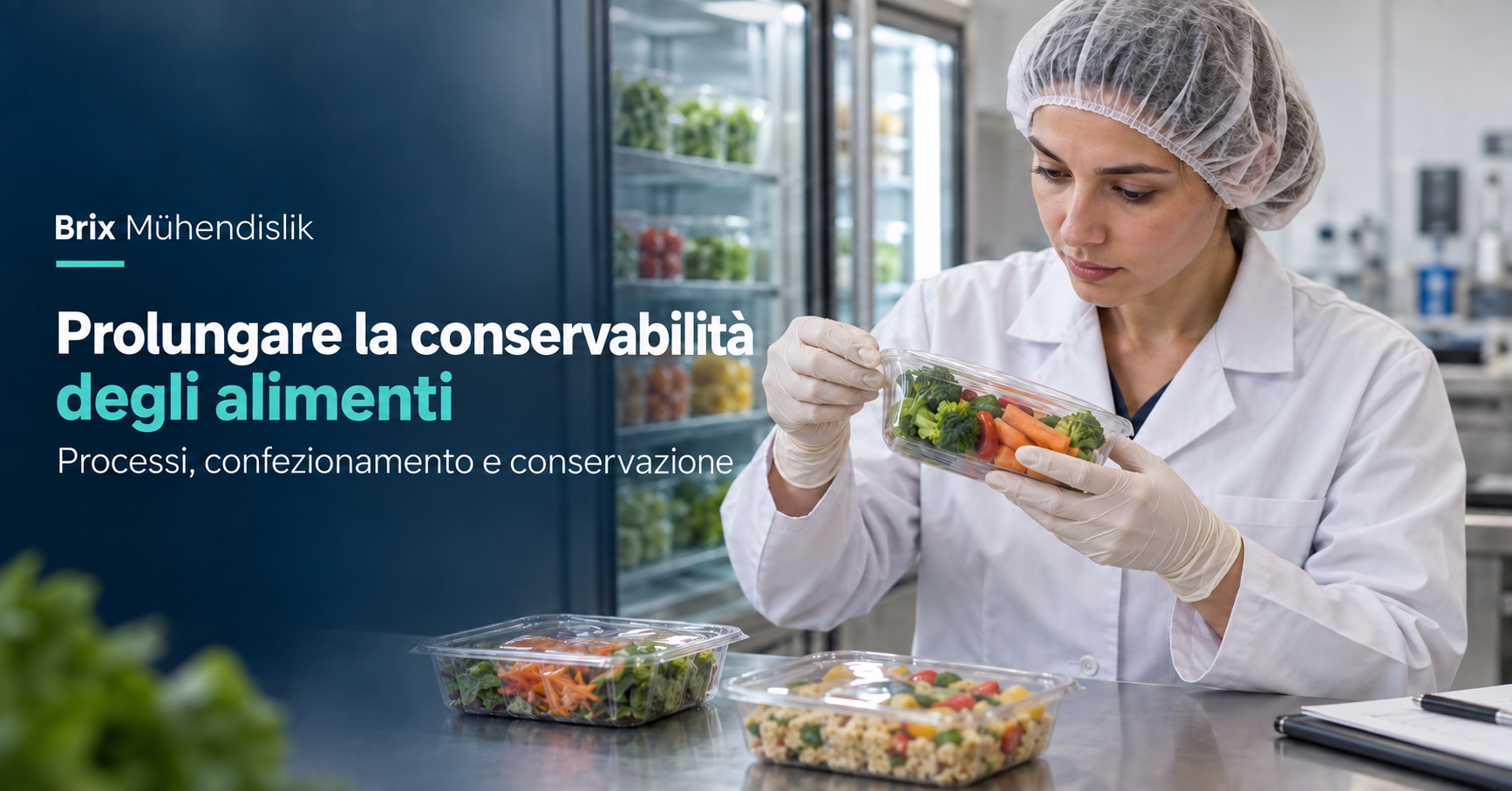 Tecnologa alimentare controlla la pellicola sigillata di una vaschetta di verdure accanto a un frigorifero; copertina in italiano.