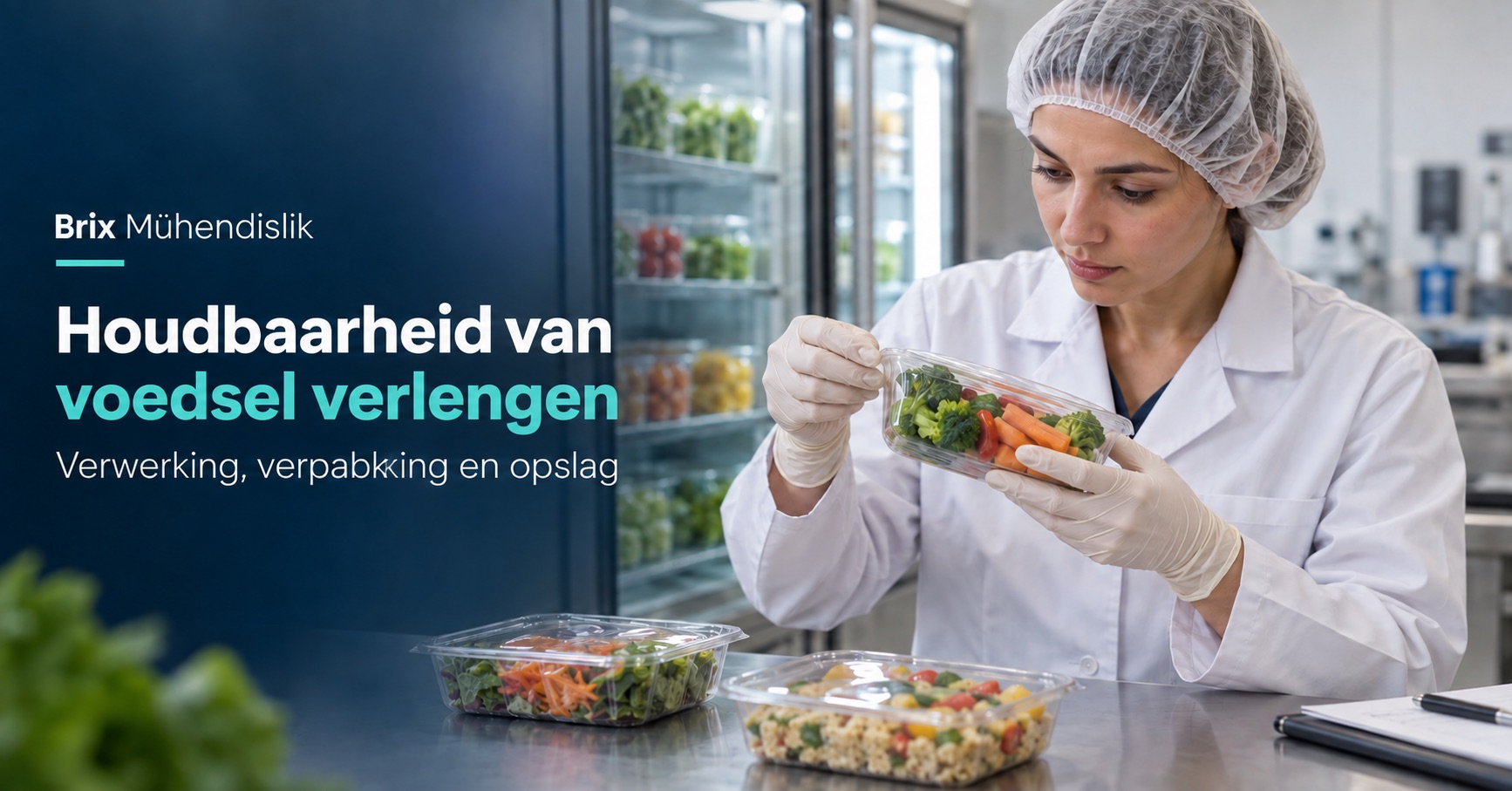 Voedingstechnoloog controleert de sluitfolie van een groentebakje naast een koelkast; Nederlandse omslag over houdbaarheid.