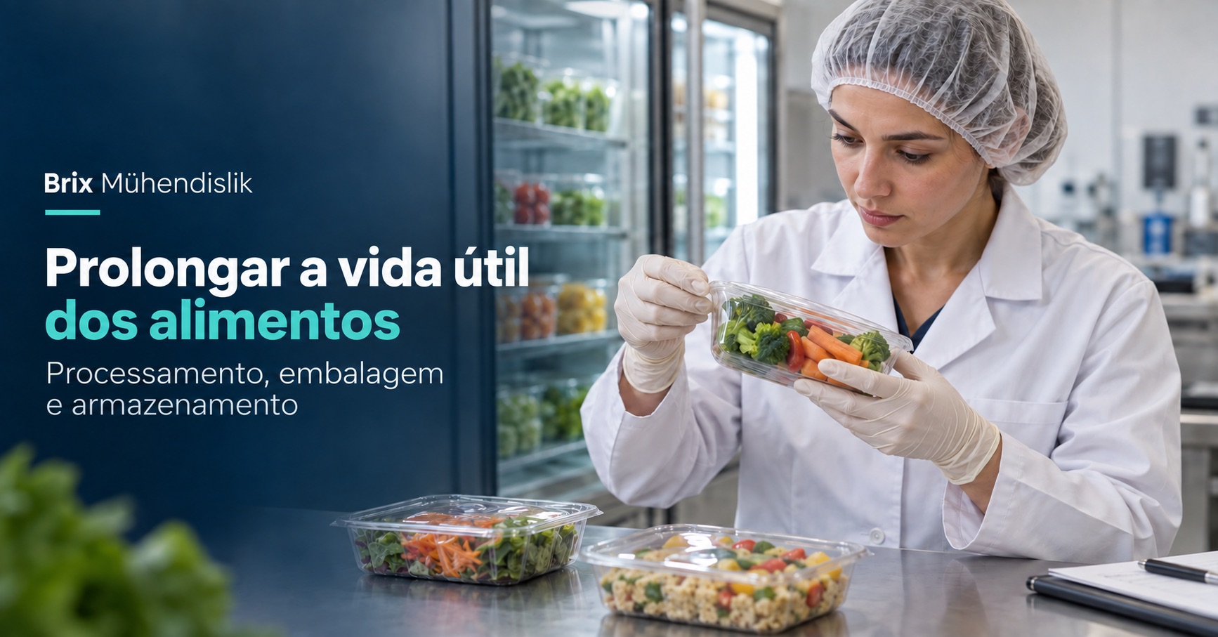 Tecnóloga alimentar inspeciona a película selada de uma bandeja de vegetais junto a um frigorífico; capa em português.